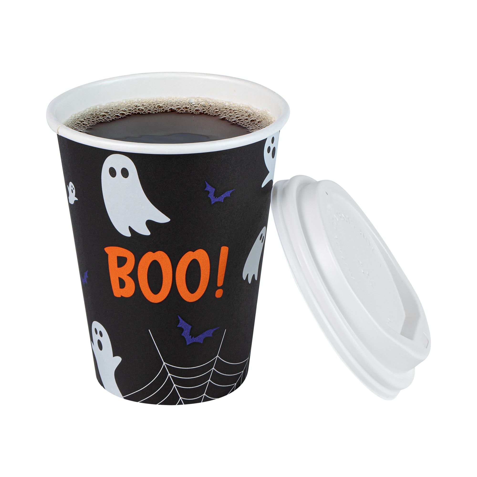 Restpresso 12 oz Halloween Paper Single Wall Coffee Cup - with White Lid - 3 1/2" x 3 1/2" x 4 3/4" - 400 count box