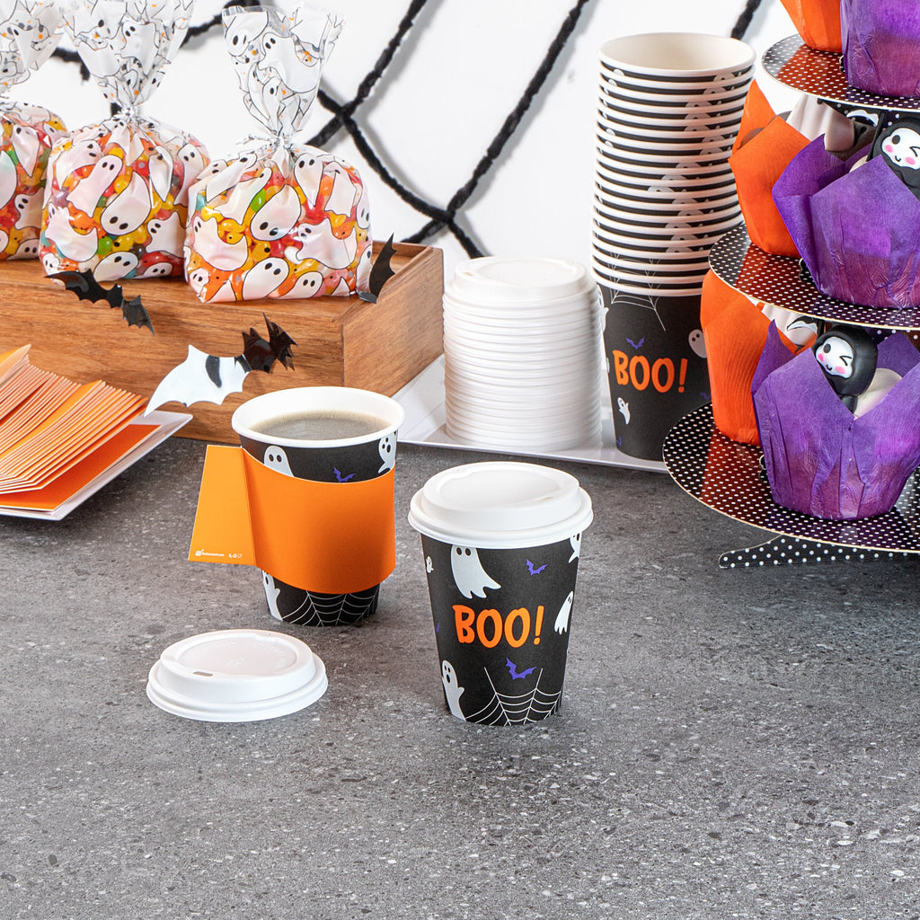 Restpresso 12 oz Halloween Paper Single Wall Coffee Cup - with White Lid - 3 1/2" x 3 1/2" x 4 3/4" - 400 count box
