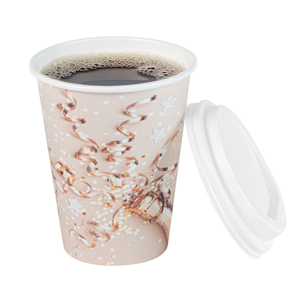 Restpresso 12 oz New Year's Eve Paper Single Wall Coffee Cup - with White Lid - 3 1/2" x 3 1/2" x 4 3/4" - 20 count box