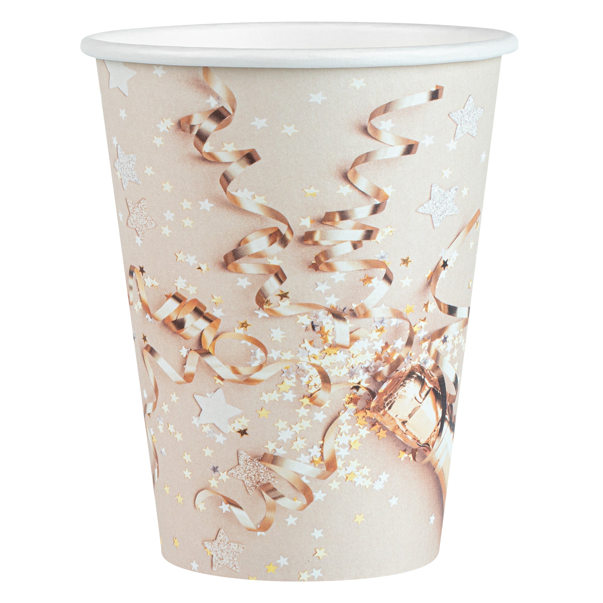 Restpresso 12 oz New Year's Eve Paper Single Wall Coffee Cup - with White Lid - 3 1/2" x 3 1/2" x 4 3/4" - 20 count box