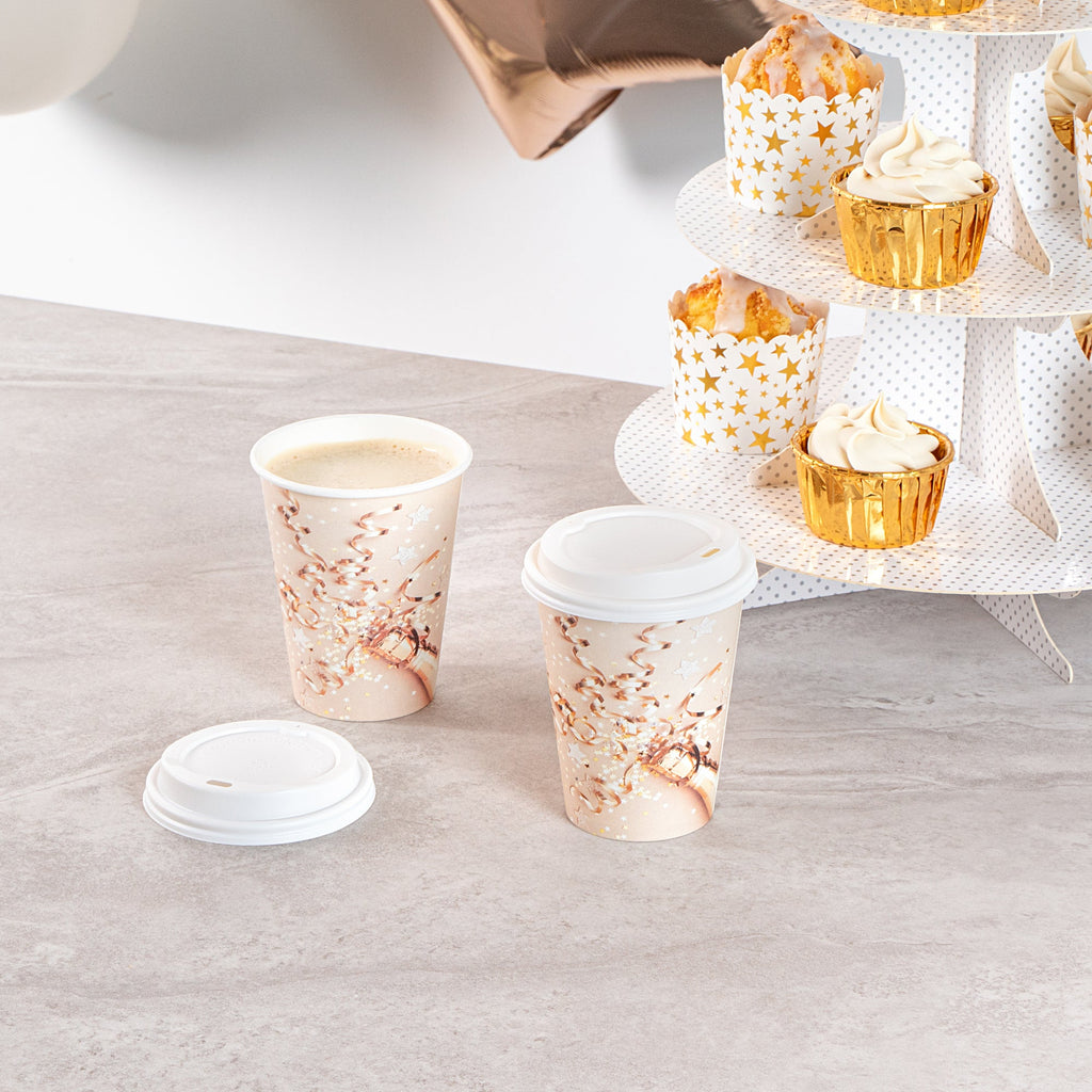 Restpresso 12 oz New Year's Eve Paper Single Wall Coffee Cup - with White Lid - 3 1/2" x 3 1/2" x 4 3/4" - 20 count box