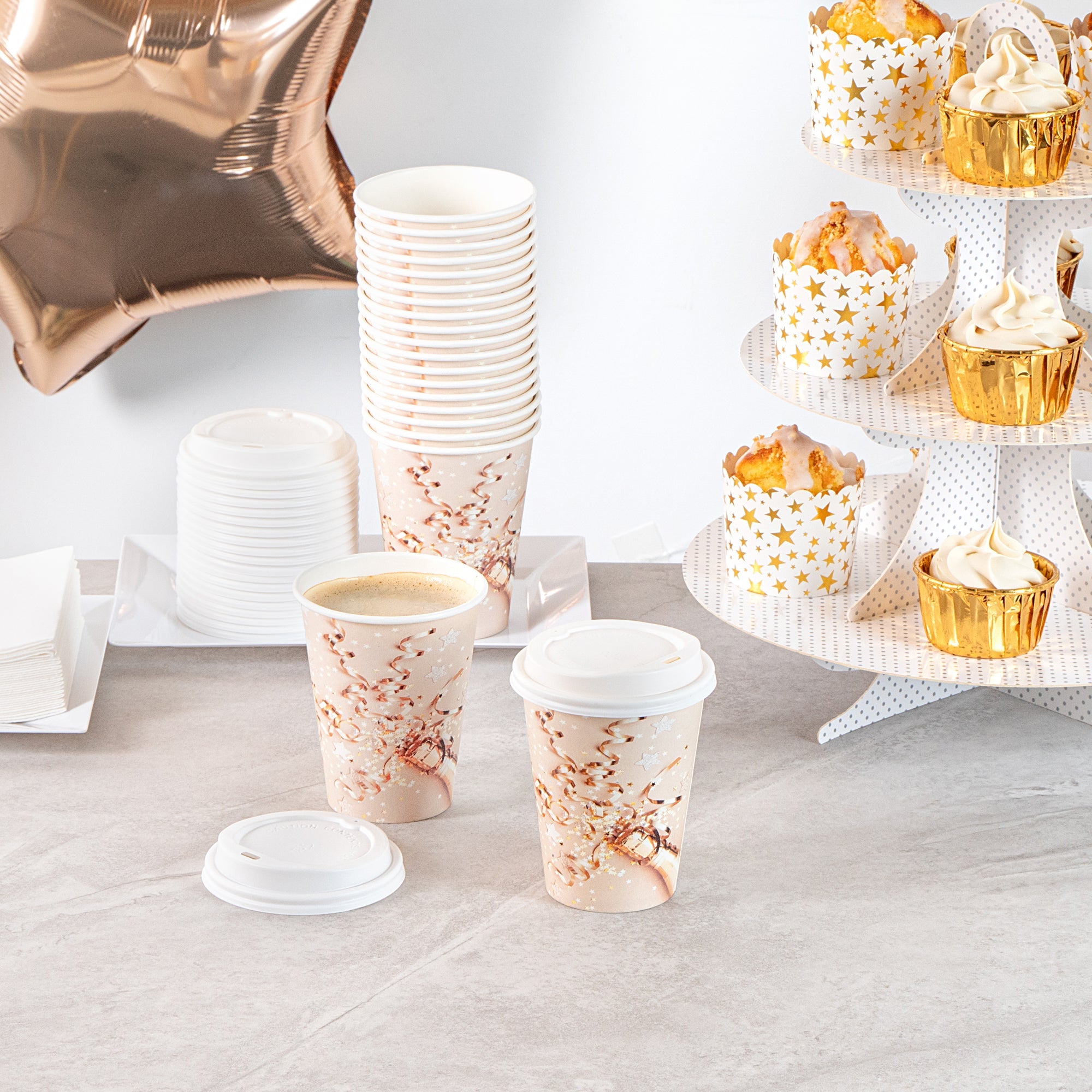 Restpresso 12 oz New Year's Eve Paper Single Wall Coffee Cup - with White Lid - 3 1/2" x 3 1/2" x 4 3/4" - 20 count box