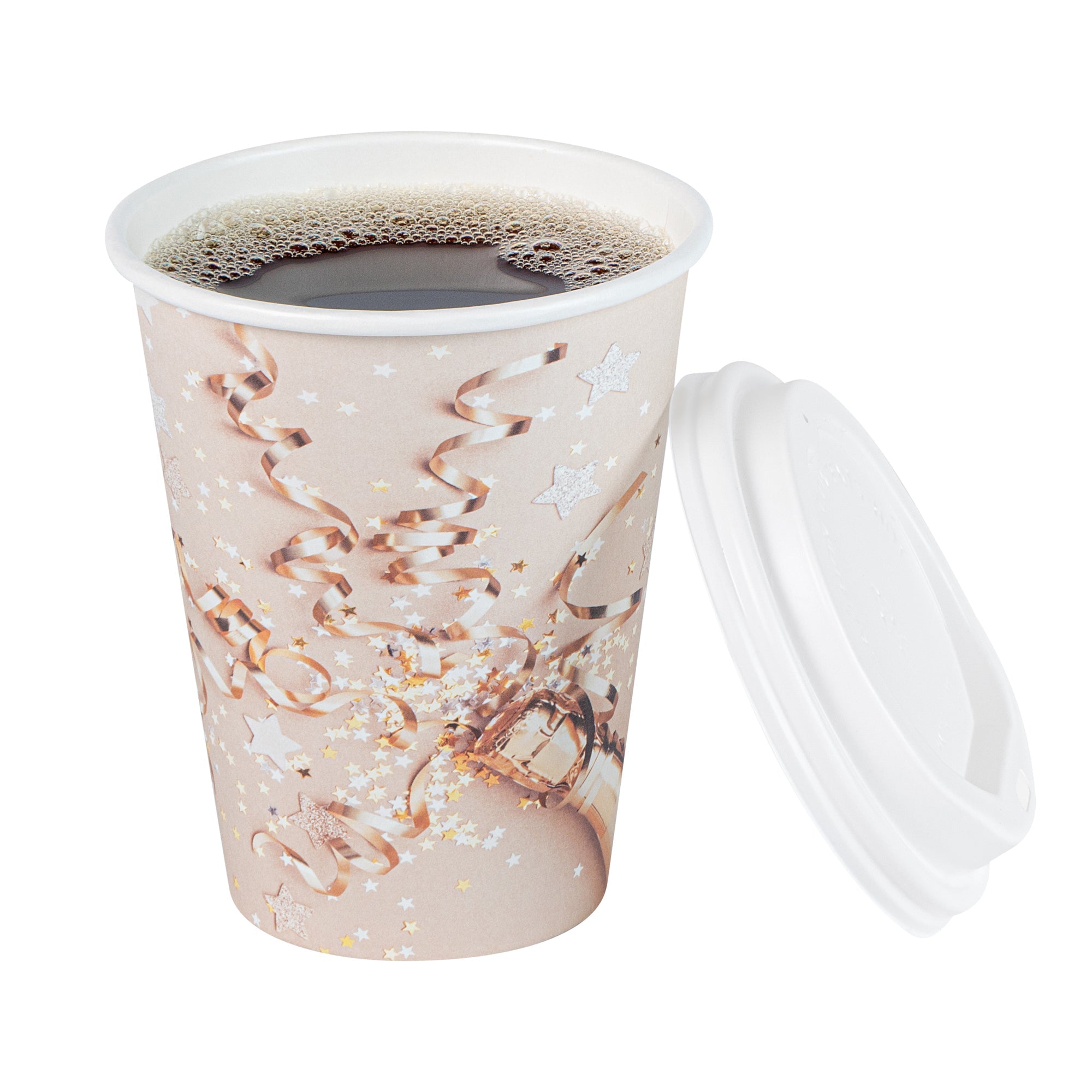 Restpresso 12 oz New Year's Eve Paper Single Wall Coffee Cup - with White Lid - 3 1/2" x 3 1/2" x 4 3/4" - 400 count box