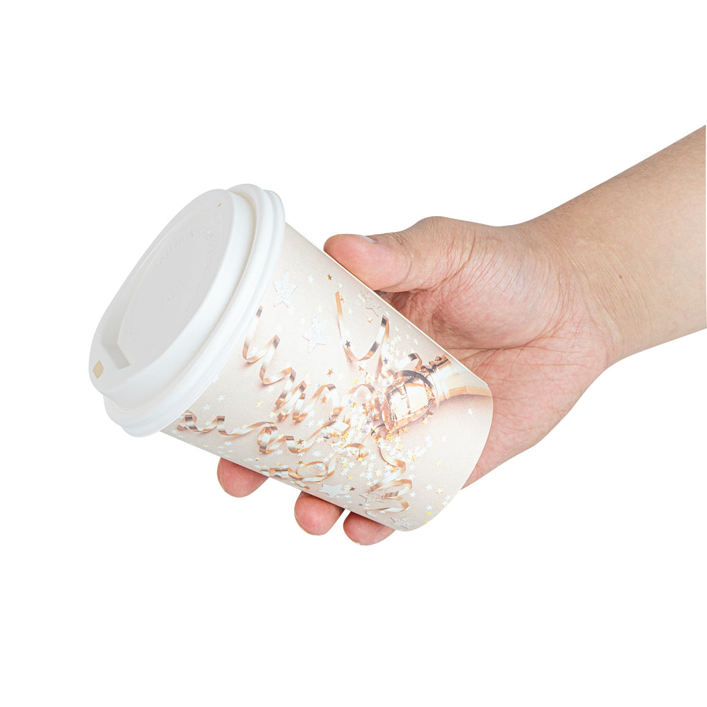 Restpresso 12 oz New Year's Eve Paper Single Wall Coffee Cup - with White Lid - 3 1/2" x 3 1/2" x 4 3/4" - 400 count box
