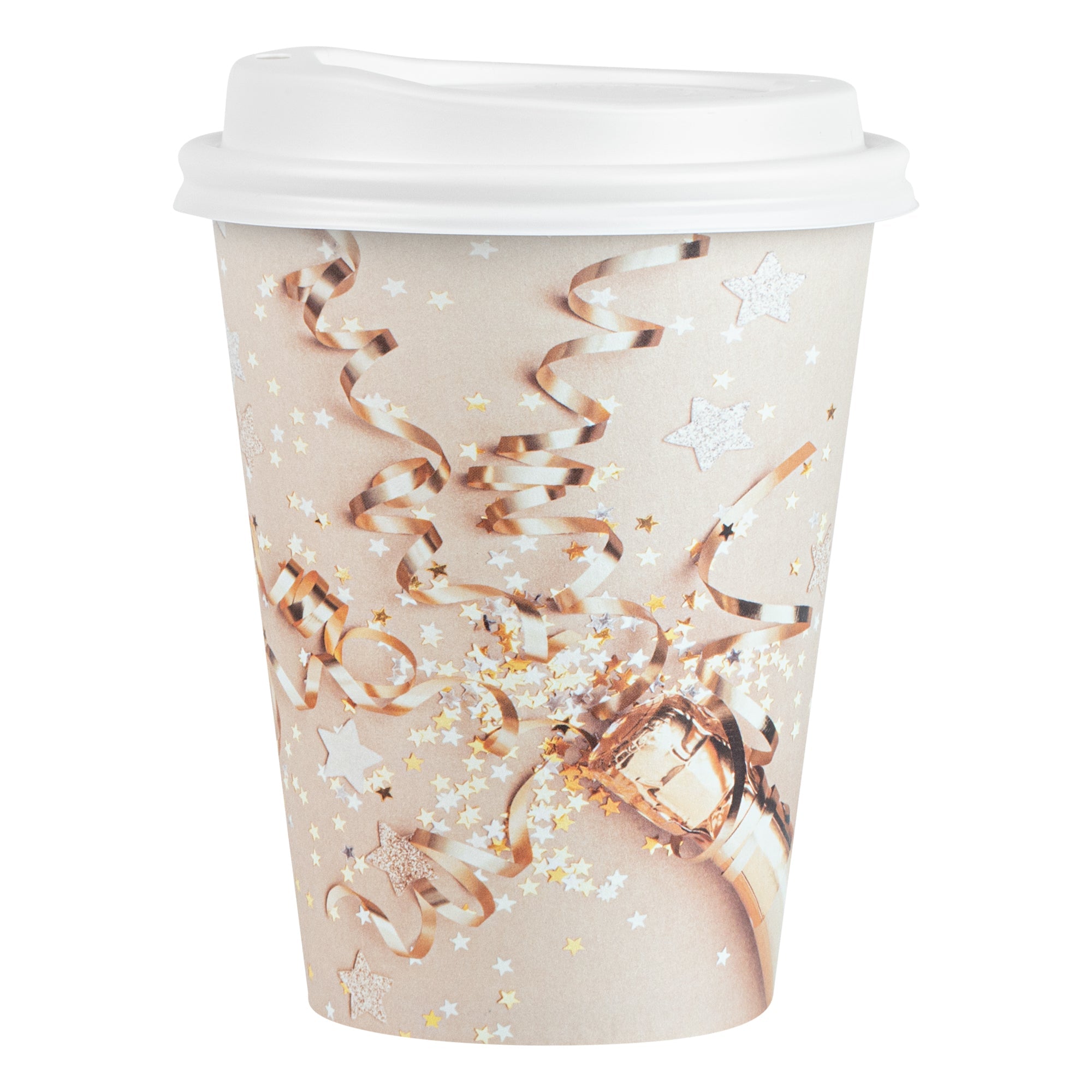 Restpresso 12 oz New Year's Eve Paper Single Wall Coffee Cup - with White Lid - 3 1/2" x 3 1/2" x 4 3/4" - 400 count box