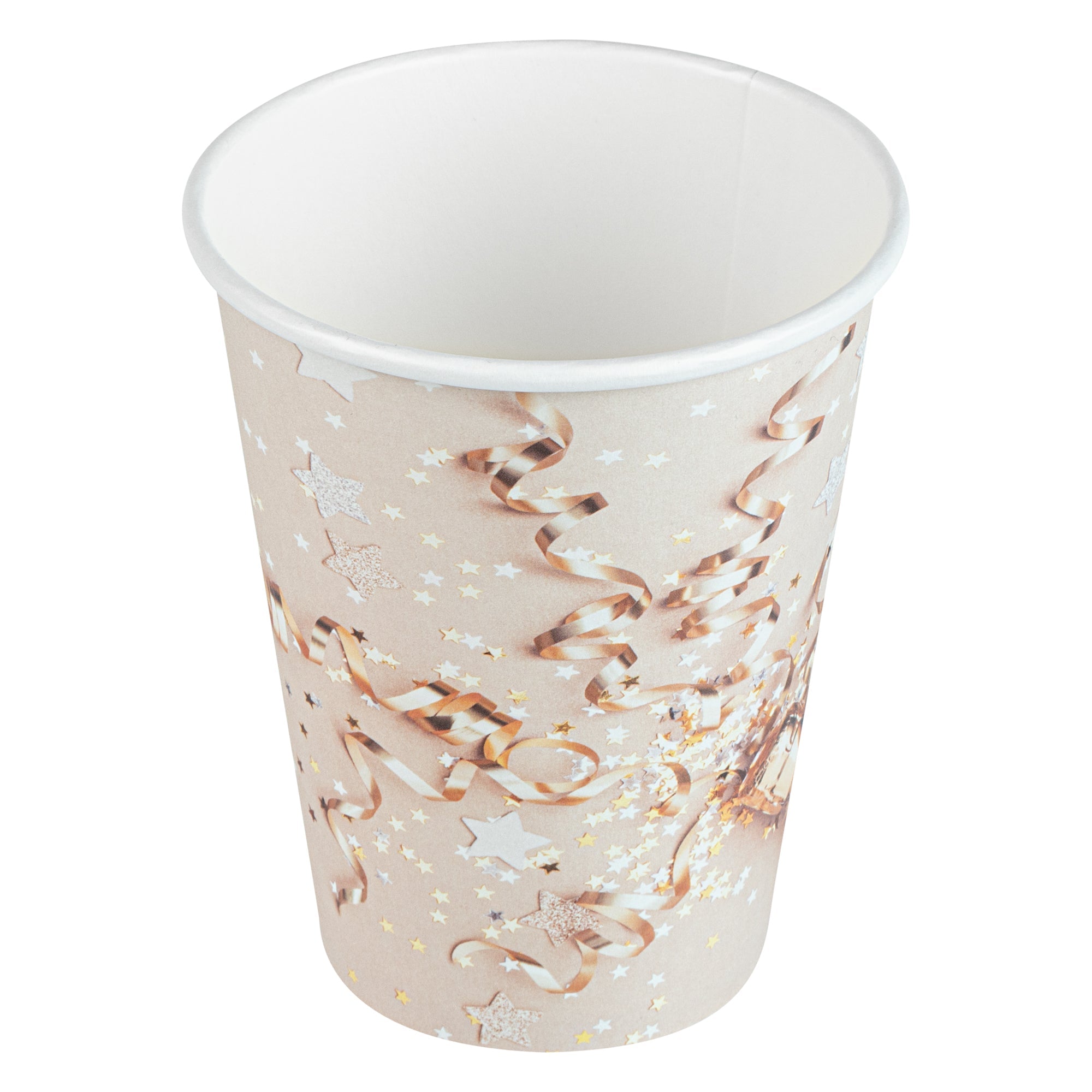 Restpresso 12 oz New Year's Eve Paper Single Wall Coffee Cup - with White Lid - 3 1/2" x 3 1/2" x 4 3/4" - 400 count box