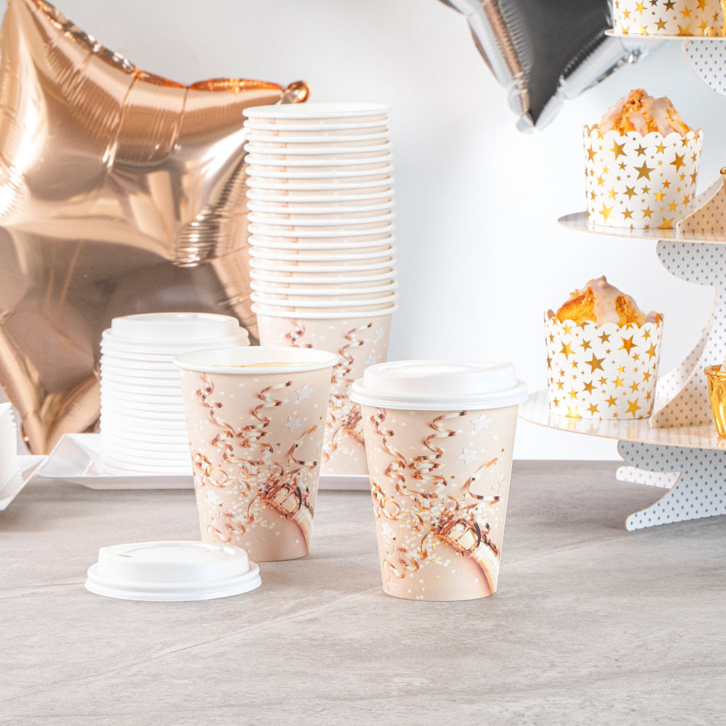 Restpresso 12 oz New Year's Eve Paper Single Wall Coffee Cup - with White Lid - 3 1/2" x 3 1/2" x 4 3/4" - 400 count box