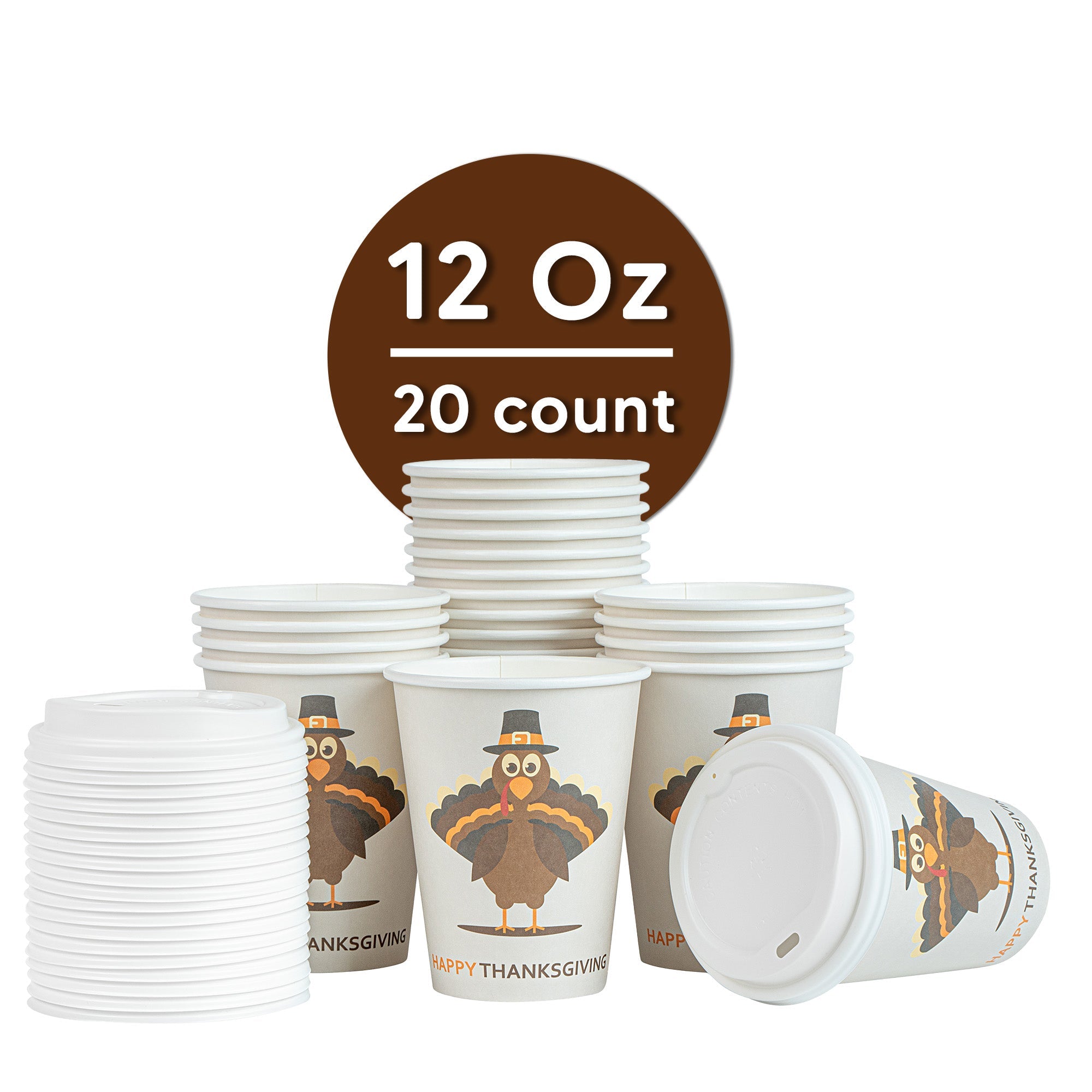 Restpresso 12 oz Happy Thanksgiving Paper Single Wall Coffee Cup - with White Lid - 3 1/2" x 3 1/2" x 4 3/4" - 20 count box