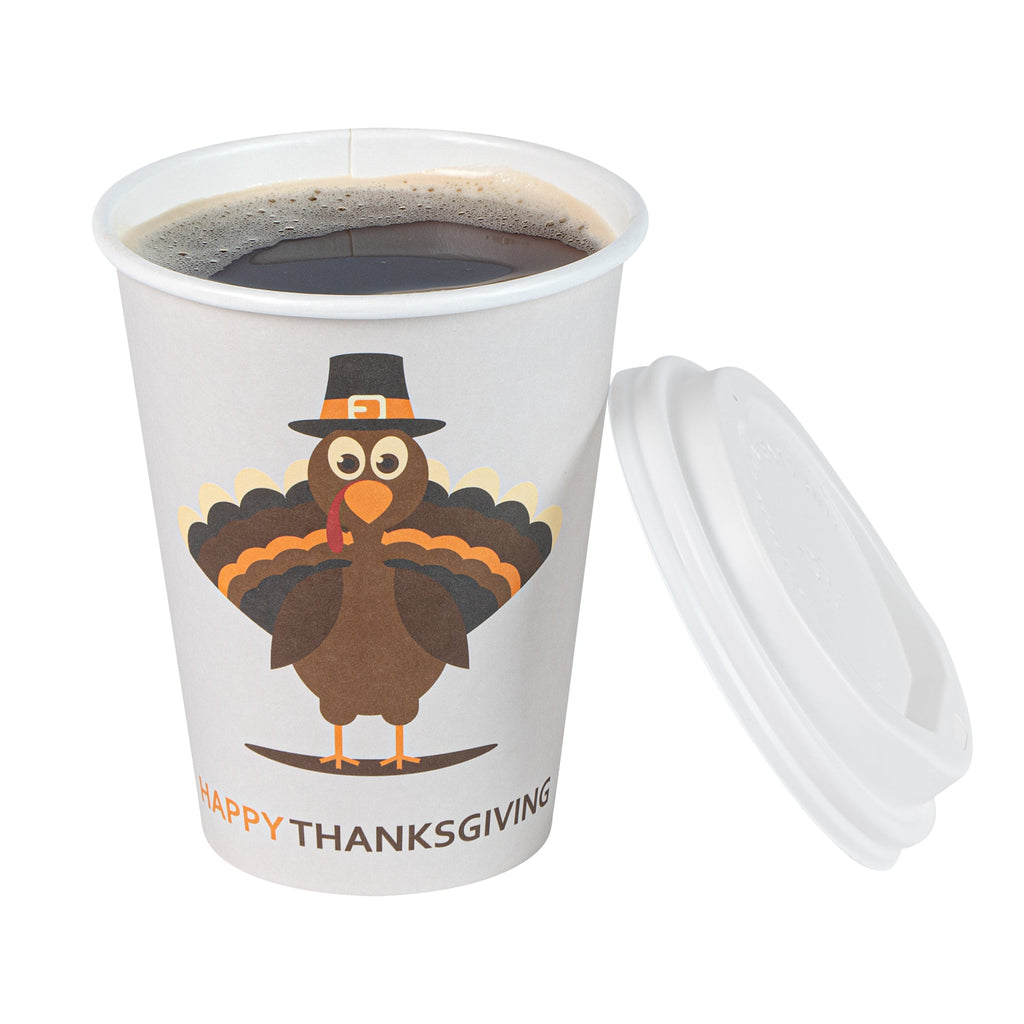 Restpresso 12 oz Happy Thanksgiving Paper Single Wall Coffee Cup - with White Lid - 3 1/2" x 3 1/2" x 4 3/4" - 20 count box