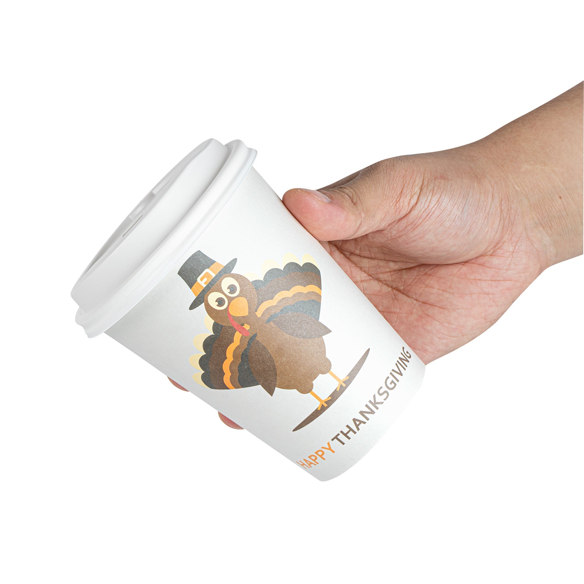 Restpresso 12 oz Happy Thanksgiving Paper Single Wall Coffee Cup - with White Lid - 3 1/2" x 3 1/2" x 4 3/4" - 20 count box