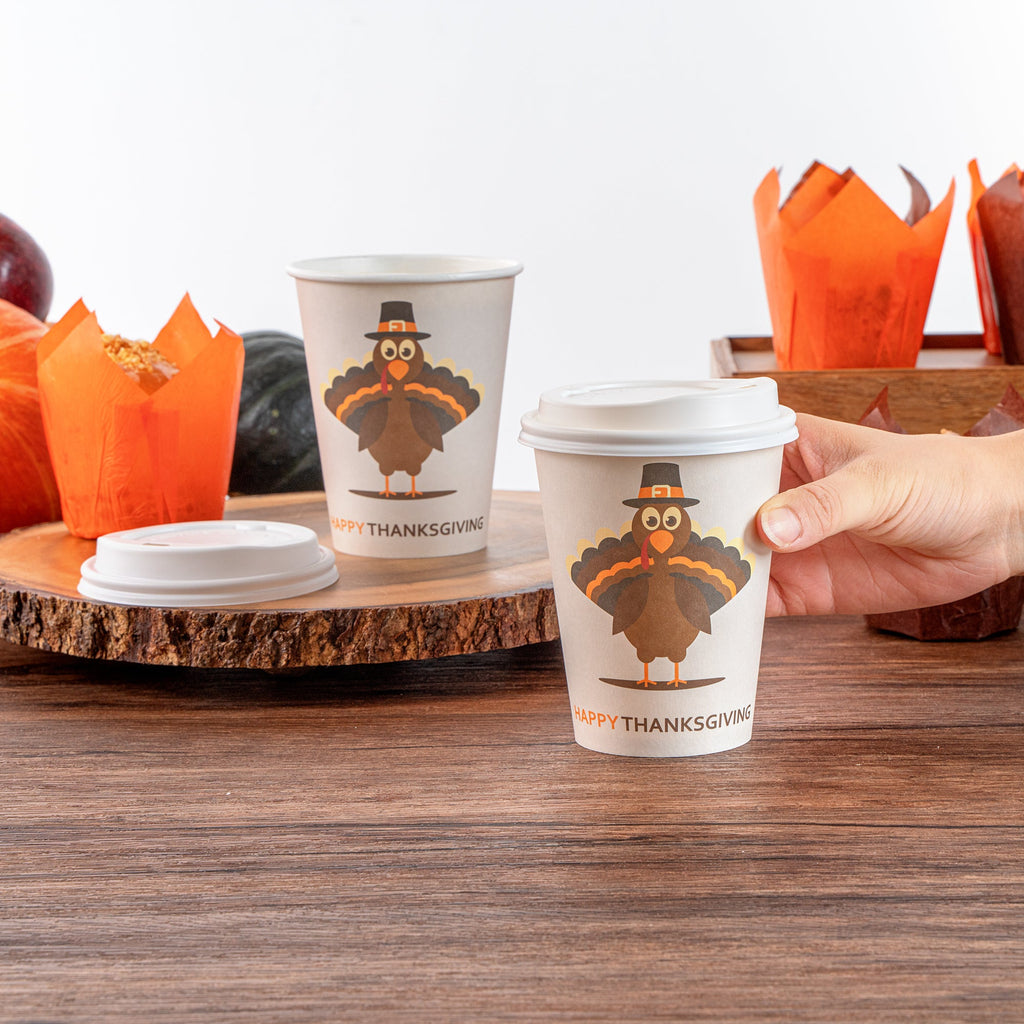 Restpresso 12 oz Happy Thanksgiving Paper Single Wall Coffee Cup - with White Lid - 3 1/2" x 3 1/2" x 4 3/4" - 20 count box
