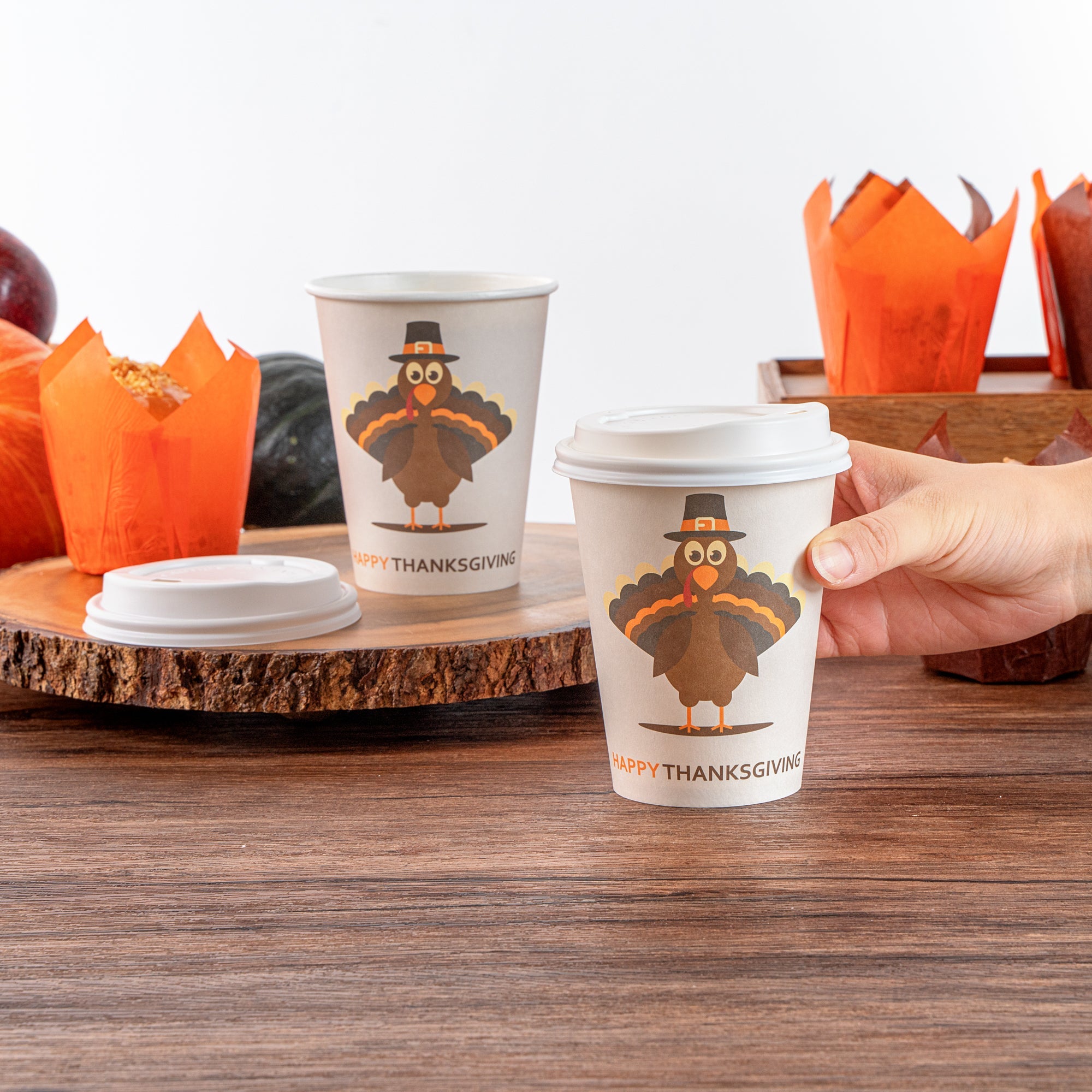 Restpresso 12 oz Happy Thanksgiving Paper Single Wall Coffee Cup - with White Lid - 3 1/2" x 3 1/2" x 4 3/4" - 20 count box