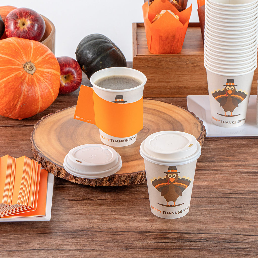 Restpresso 12 oz Happy Thanksgiving Paper Single Wall Coffee Cup - with White Lid - 3 1/2" x 3 1/2" x 4 3/4" - 20 count box