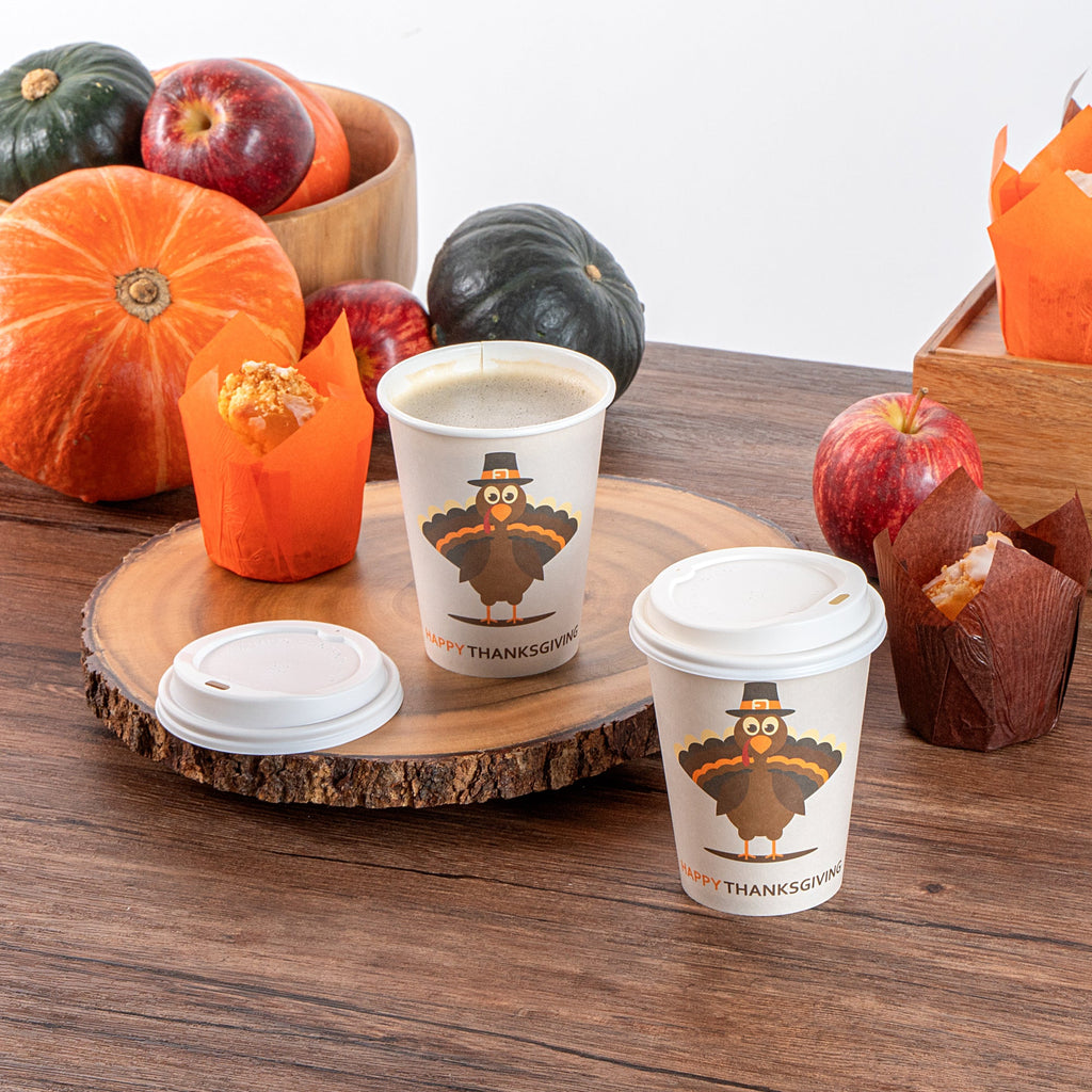 Restpresso 12 oz Happy Thanksgiving Paper Single Wall Coffee Cup - with White Lid - 3 1/2" x 3 1/2" x 4 3/4" - 400 count box
