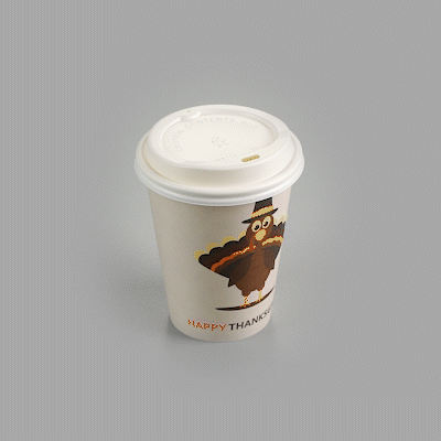 Restpresso 12 oz Happy Thanksgiving Paper Single Wall Coffee Cup - with White Lid - 3 1/2" x 3 1/2" x 4 3/4" - 400 count box