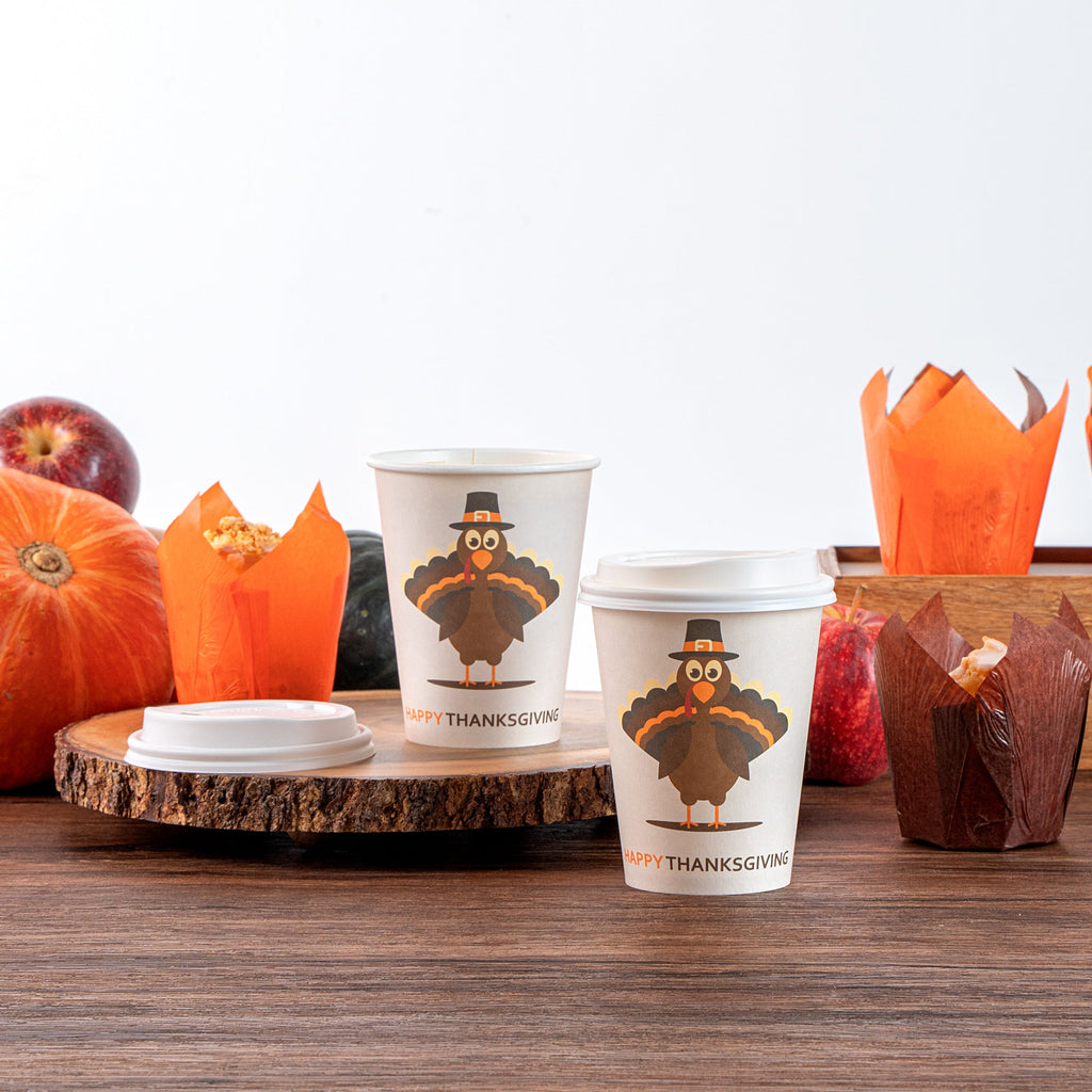 Restpresso 12 oz Happy Thanksgiving Paper Single Wall Coffee Cup - with White Lid - 3 1/2" x 3 1/2" x 4 3/4" - 400 count box