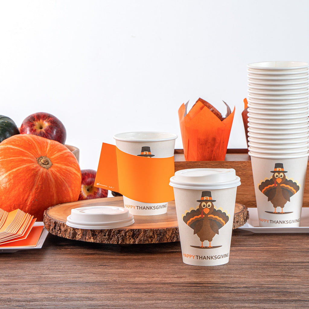 Restpresso 12 oz Happy Thanksgiving Paper Single Wall Coffee Cup - with White Lid - 3 1/2" x 3 1/2" x 4 3/4" - 400 count box