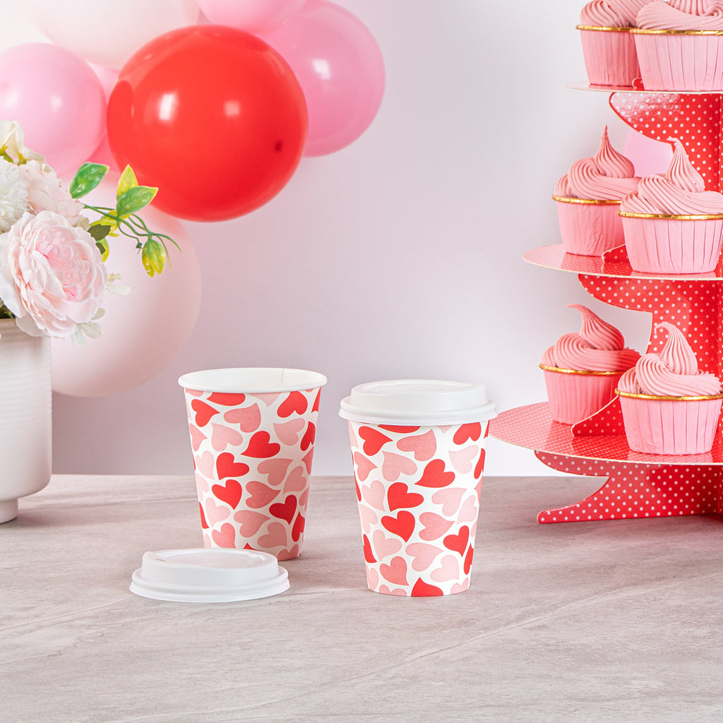 Restpresso 12 oz Valentine's Day Paper Single Wall Coffee Cup - with White Lid - 3 1/2" x 3 1/2" x 4 3/4" - 20 count box