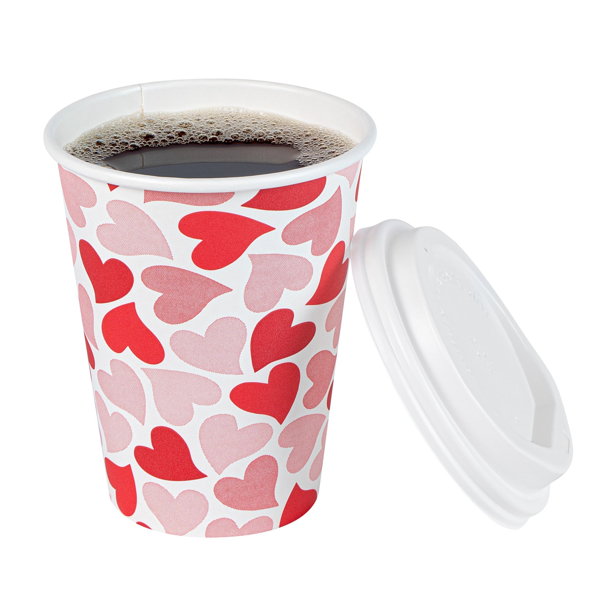 Restpresso 12 oz Valentine's Day Paper Single Wall Coffee Cup - with White Lid - 3 1/2" x 3 1/2" x 4 3/4" - 20 count box