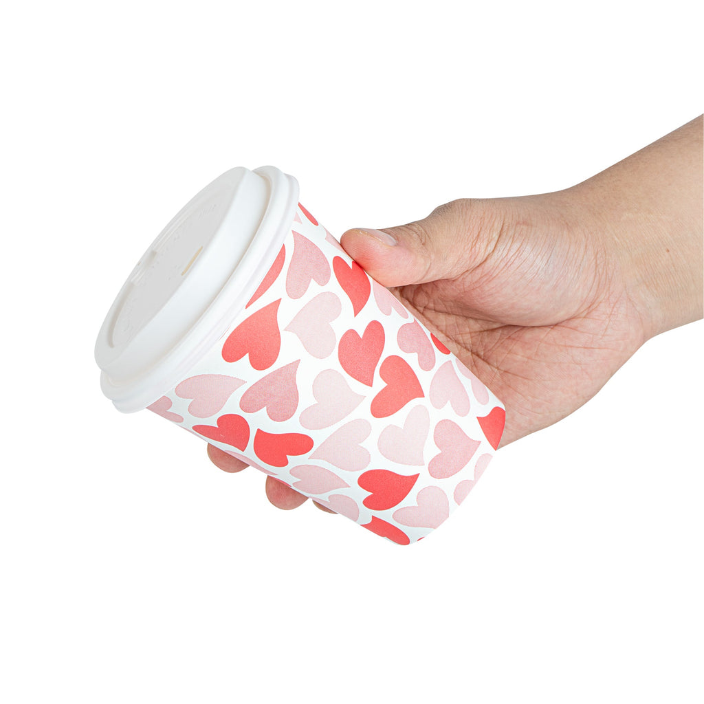 Restpresso 12 oz Valentine's Day Paper Single Wall Coffee Cup - with White Lid - 3 1/2" x 3 1/2" x 4 3/4" - 20 count box