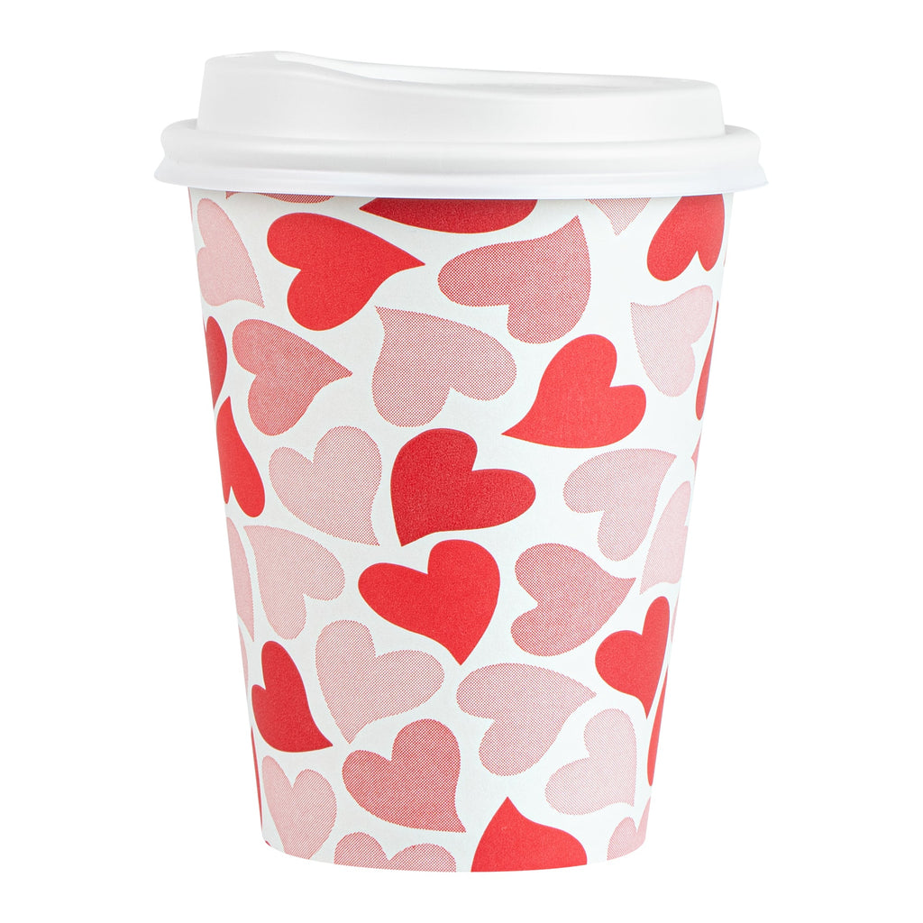 Restpresso 12 oz Valentine's Day Paper Single Wall Coffee Cup - with White Lid - 3 1/2" x 3 1/2" x 4 3/4" - 20 count box