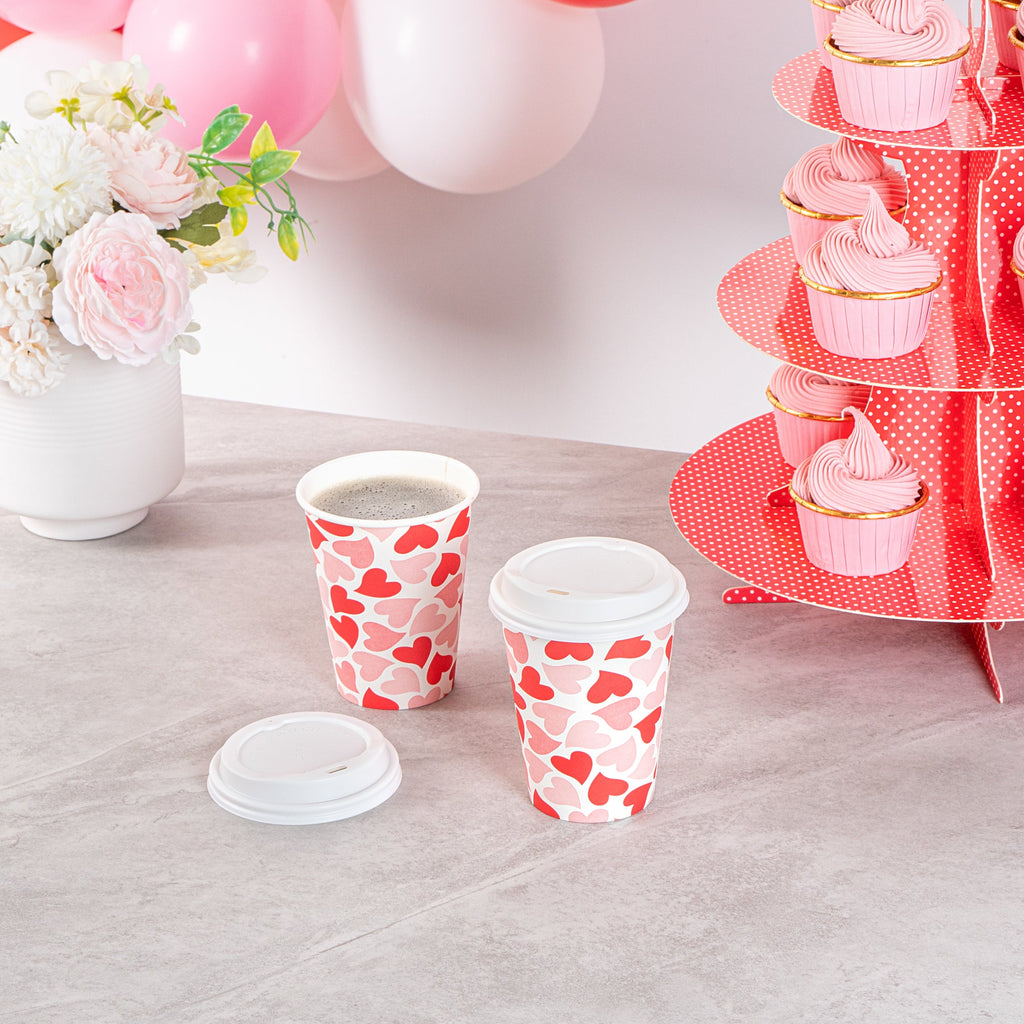 Restpresso 12 oz Valentine's Day Paper Single Wall Coffee Cup - with White Lid - 3 1/2" x 3 1/2" x 4 3/4" - 20 count box