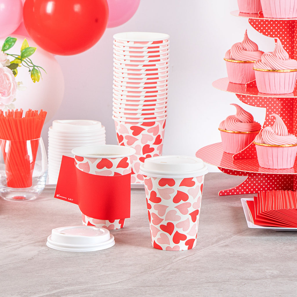 Restpresso 12 oz Valentine's Day Paper Single Wall Coffee Cup - with White Lid - 3 1/2" x 3 1/2" x 4 3/4" - 20 count box