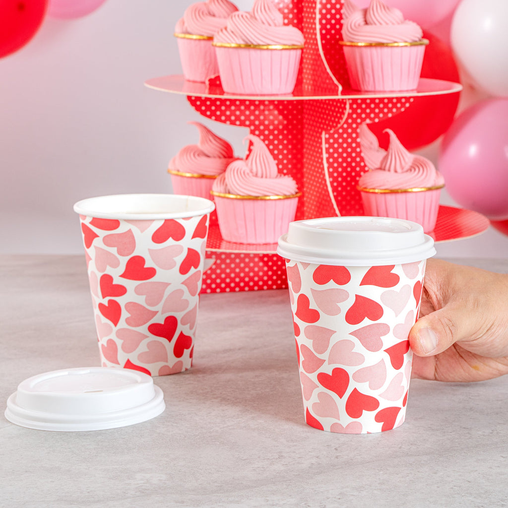 Restpresso 12 oz Valentine's Day Paper Single Wall Coffee Cup - with White Lid - 3 1/2" x 3 1/2" x 4 3/4" - 400 count box