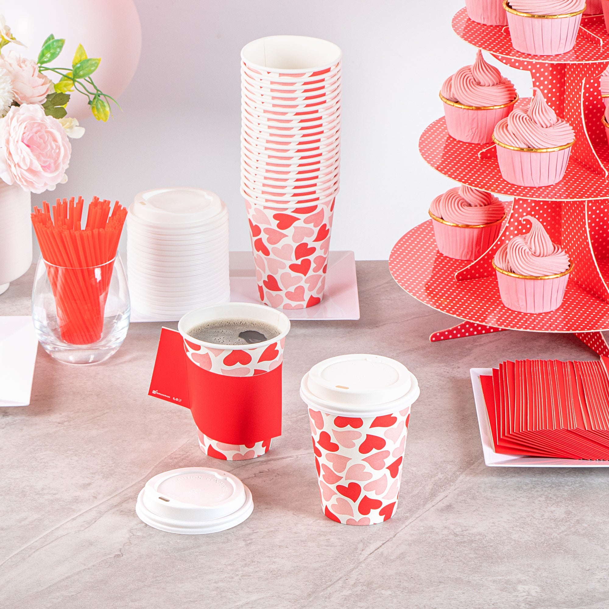 Restpresso 12 oz Valentine's Day Paper Single Wall Coffee Cup - with White Lid - 3 1/2" x 3 1/2" x 4 3/4" - 400 count box