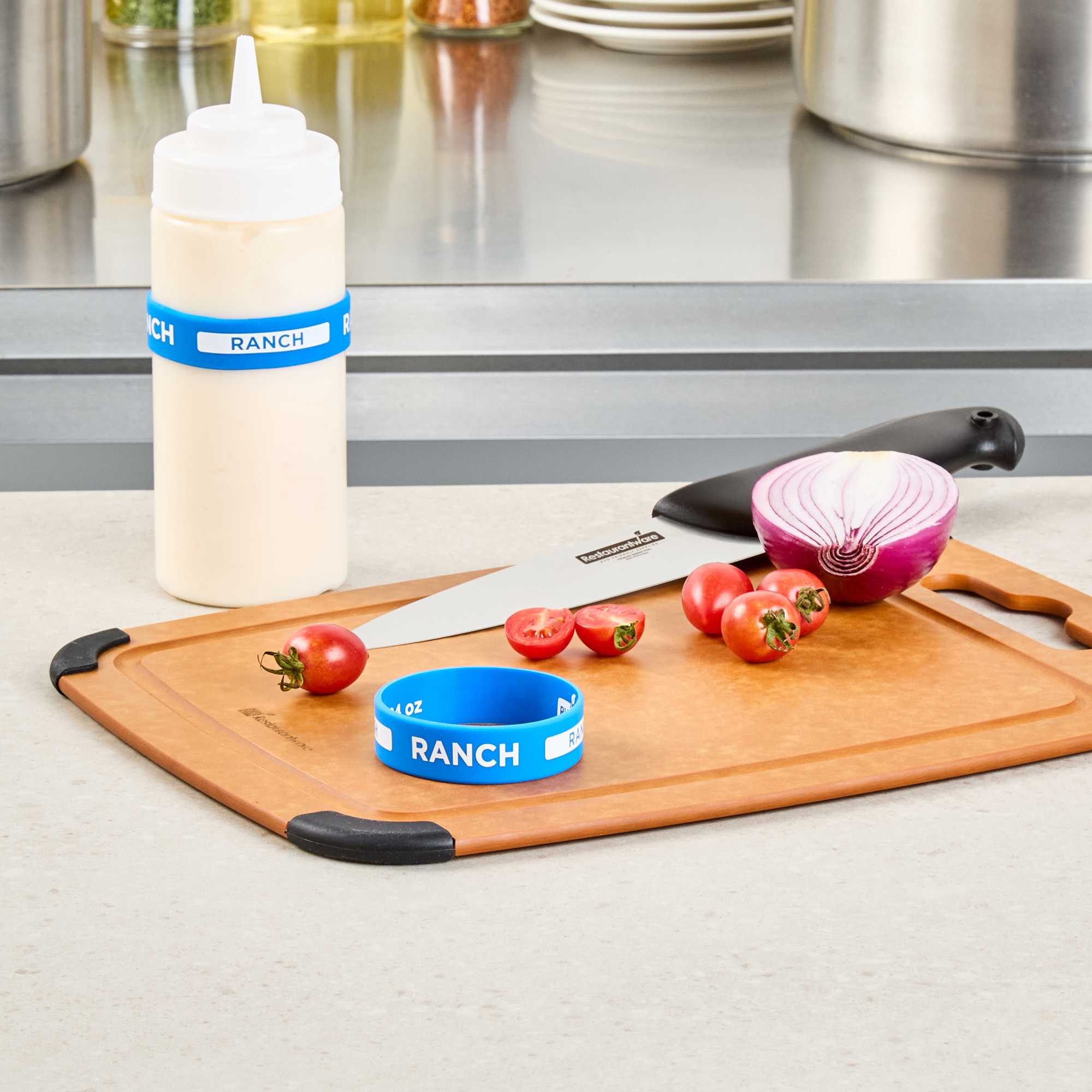 First In First Out Blue Silicone Ranch Label Band - Fits 16, 20 and 24 oz Squeeze Bottles - 1 count box