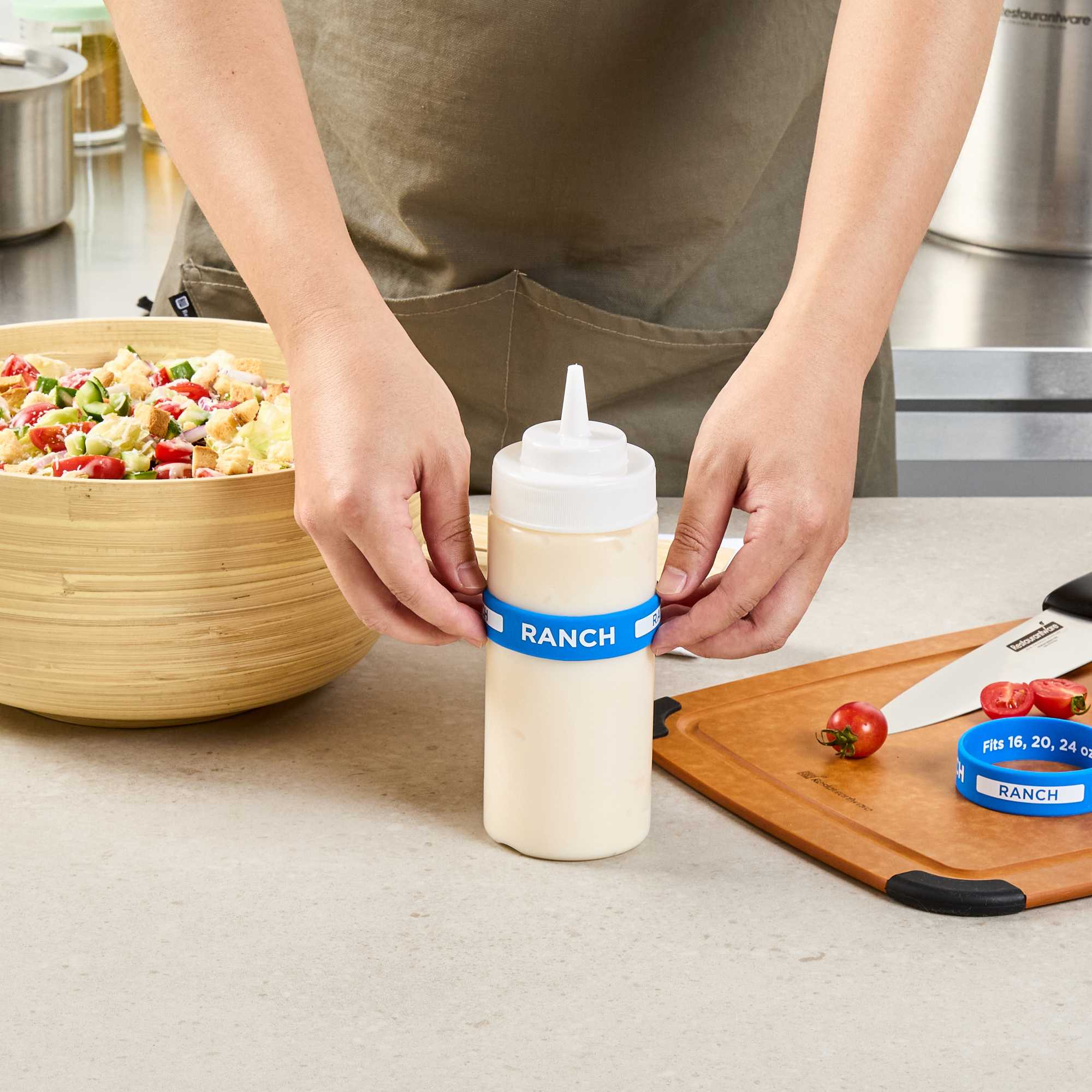 First In First Out Blue Silicone Ranch Label Band - Fits 16, 20 and 24 oz Squeeze Bottles - 1 count box