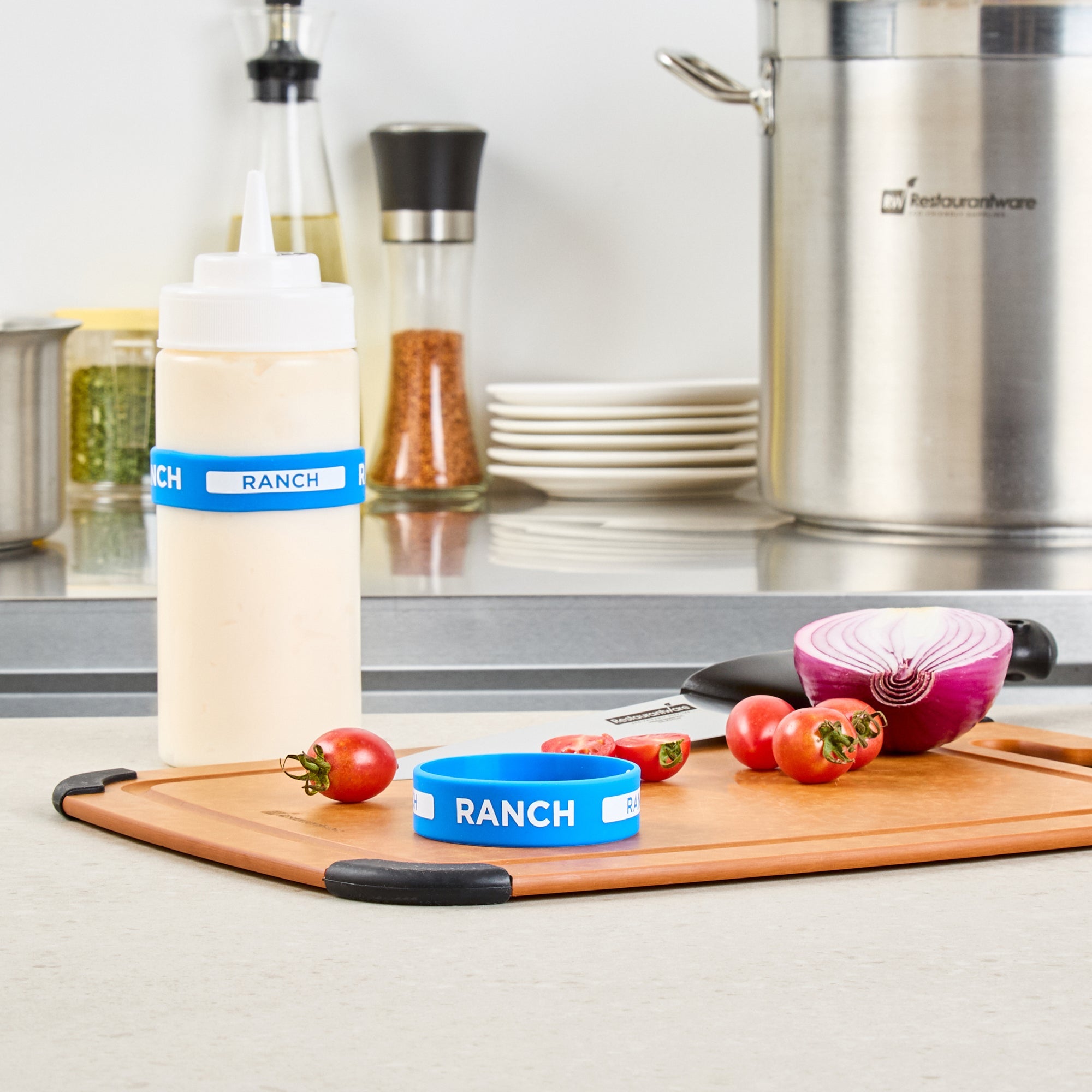 First In First Out Blue Silicone Ranch Label Band - Fits 16, 20 and 24 oz Squeeze Bottles - 10 count box