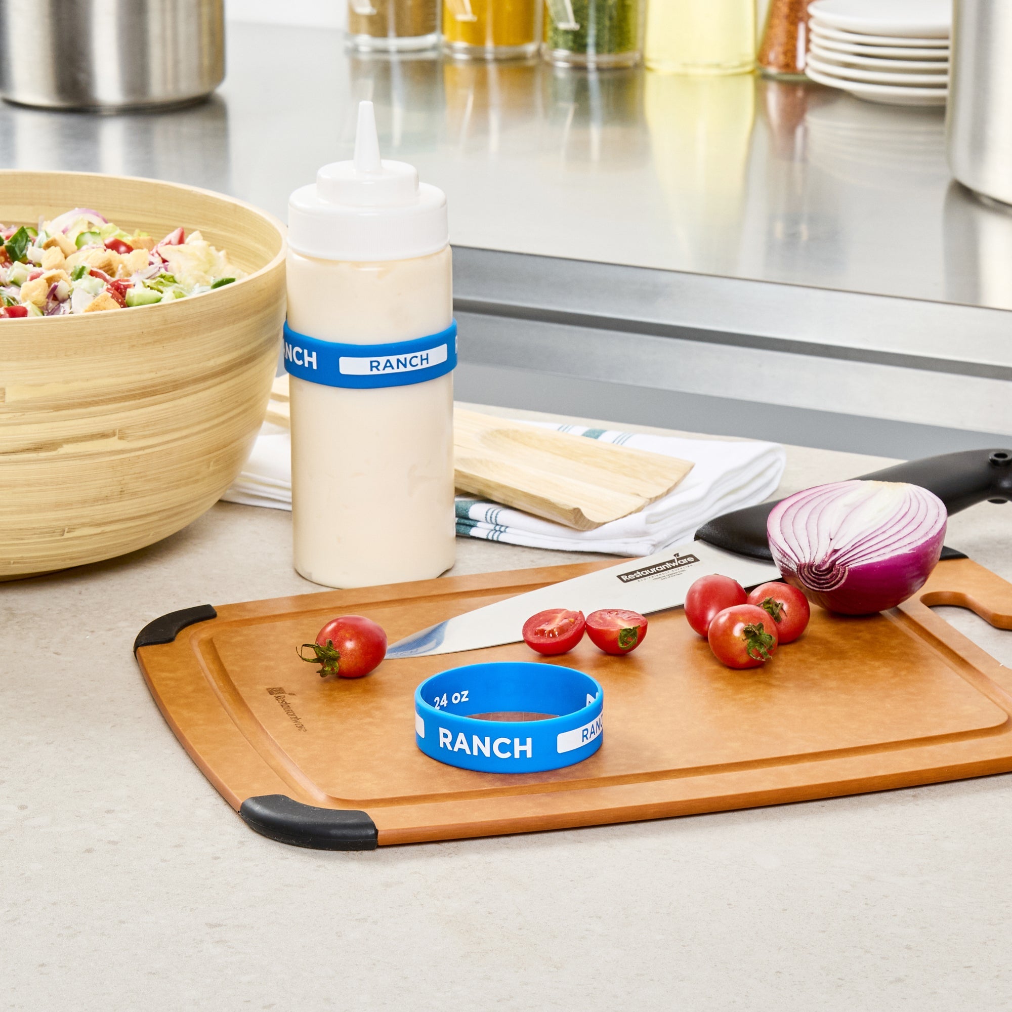 First In First Out Blue Silicone Ranch Label Band - Fits 16, 20 and 24 oz Squeeze Bottles - 10 count box
