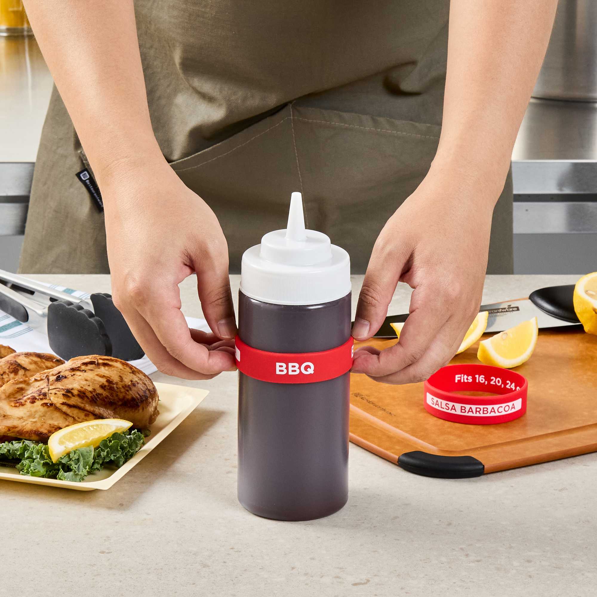 First In First Out Red Silicone BBQ Label Band - Fits 16, 20 and 24 oz Squeeze Bottles - 1 count box
