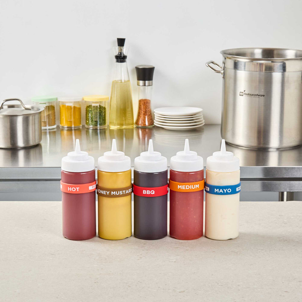 First In First Out Red Silicone BBQ Label Band - Fits 16, 20 and 24 oz Squeeze Bottles - 1 count box