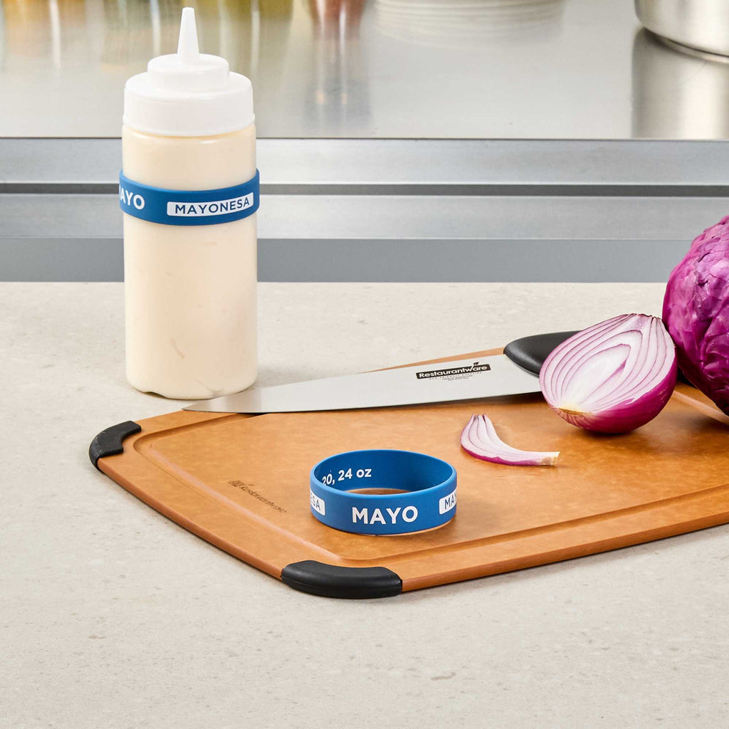 First In First Out Blue Silicone Mayo Label Band - Fits 16, 20 and 24 oz Squeeze Bottles - 1 count box