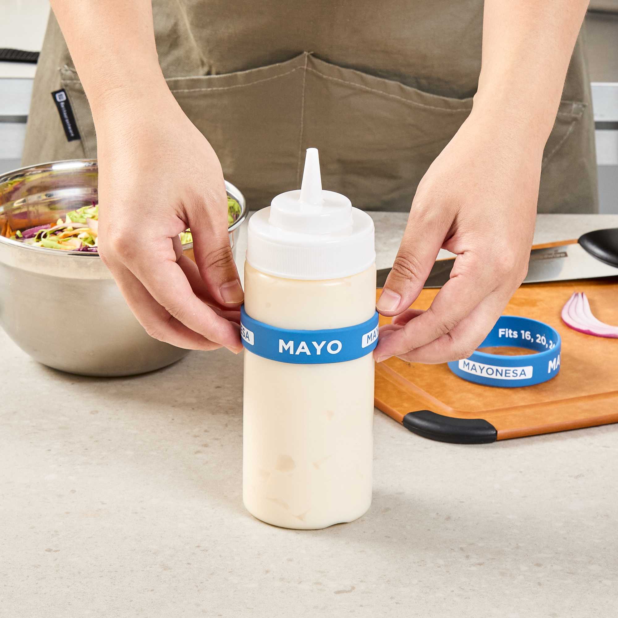 First In First Out Blue Silicone Mayo Label Band - Fits 16, 20 and 24 oz Squeeze Bottles - 1 count box