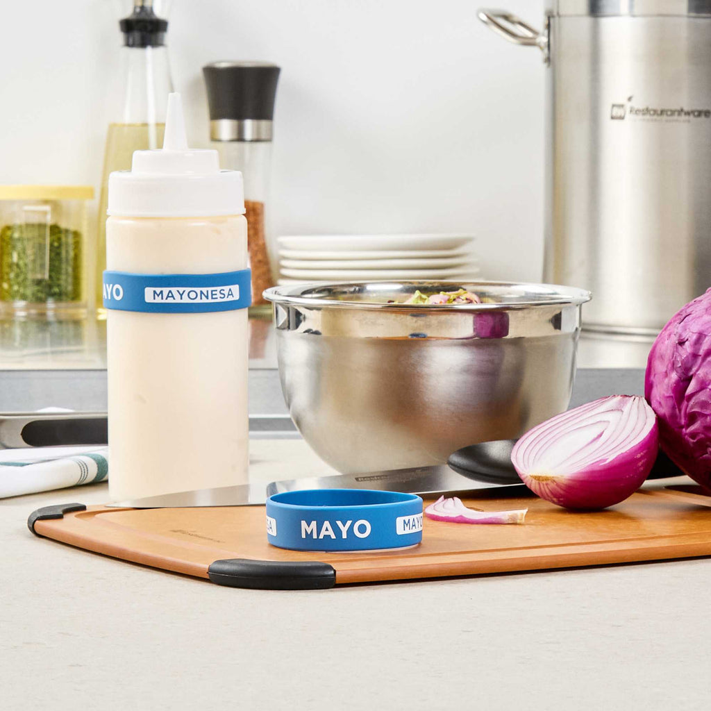 First In First Out Blue Silicone Mayo Label Band - Fits 16, 20 and 24 oz Squeeze Bottles - 1 count box