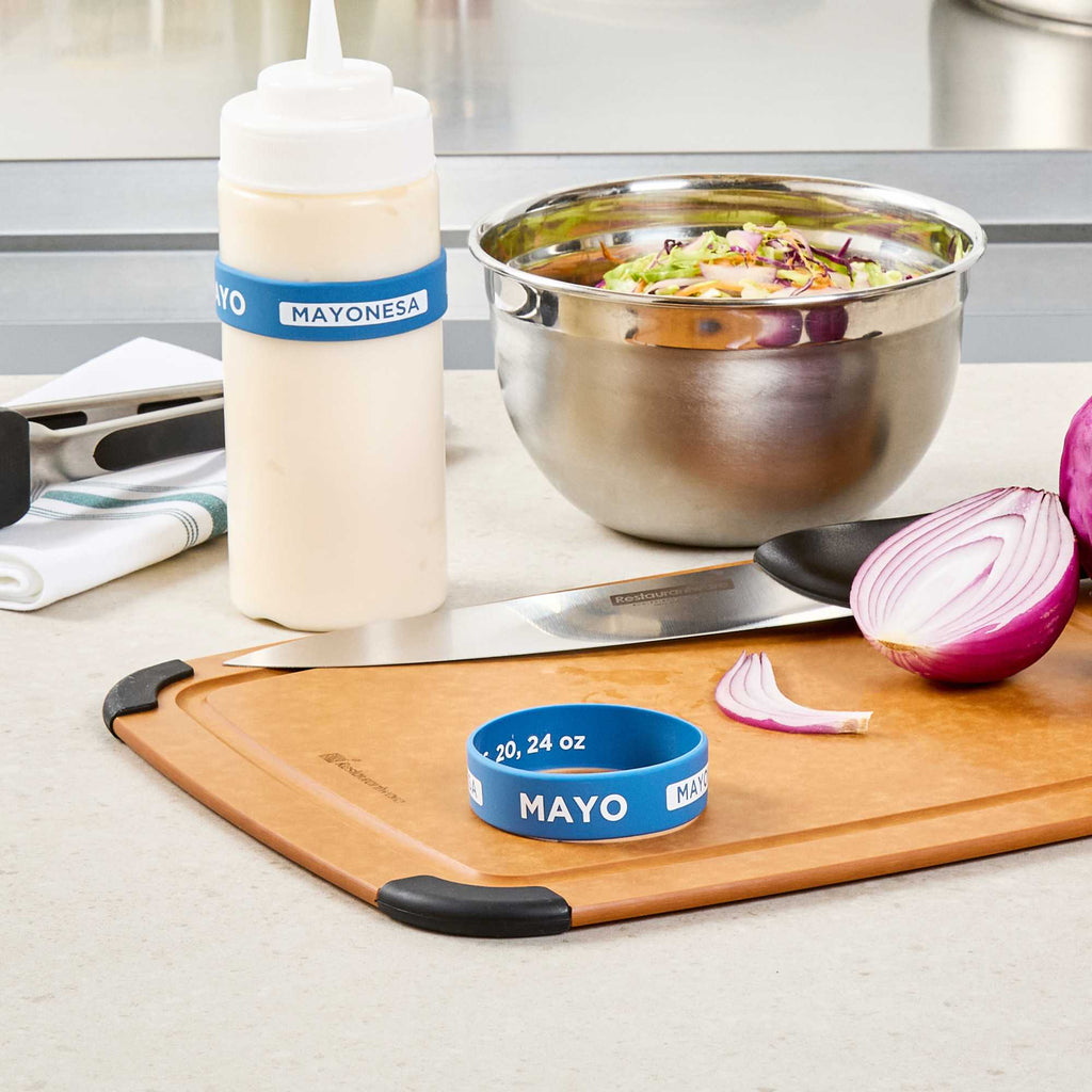 First In First Out Blue Silicone Mayo Label Band - Fits 16, 20 and 24 oz Squeeze Bottles - 1 count box