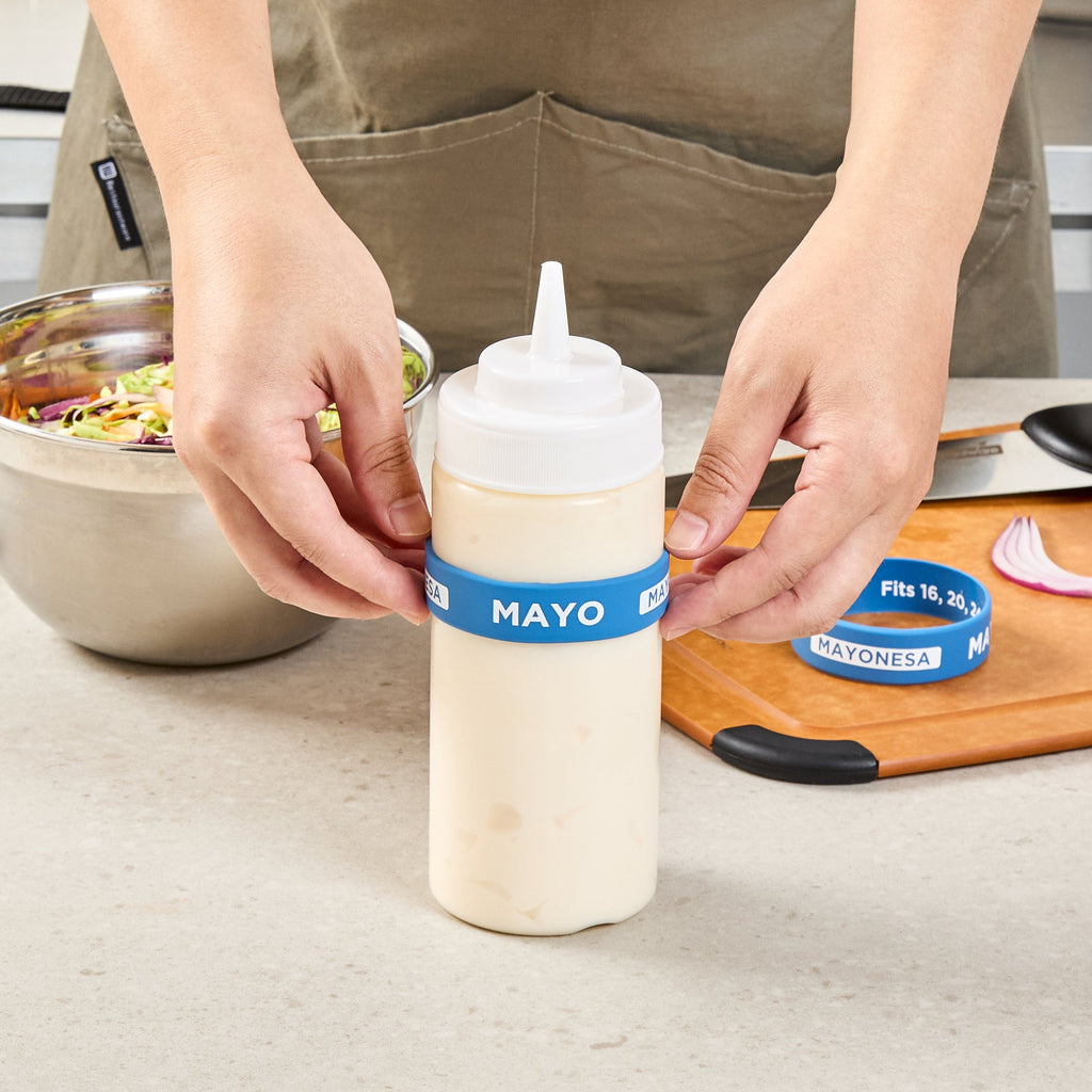 First In First Out Blue Silicone Mayo Label Band - Fits 16, 20 and 24 oz Squeeze Bottles - 10 count box