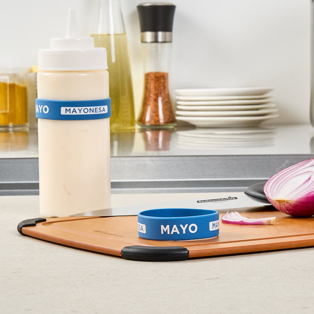First In First Out Blue Silicone Mayo Label Band - Fits 16, 20 and 24 oz Squeeze Bottles - 10 count box