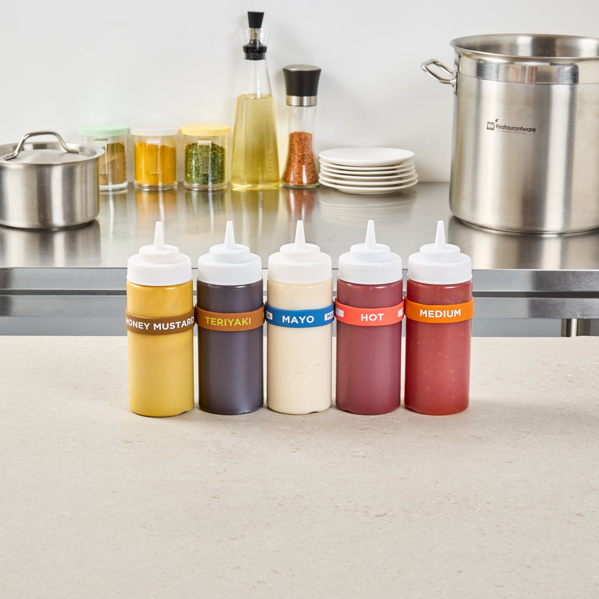 First In First Out Blue Silicone Mayo Label Band - Fits 16, 20 and 24 oz Squeeze Bottles - 10 count box