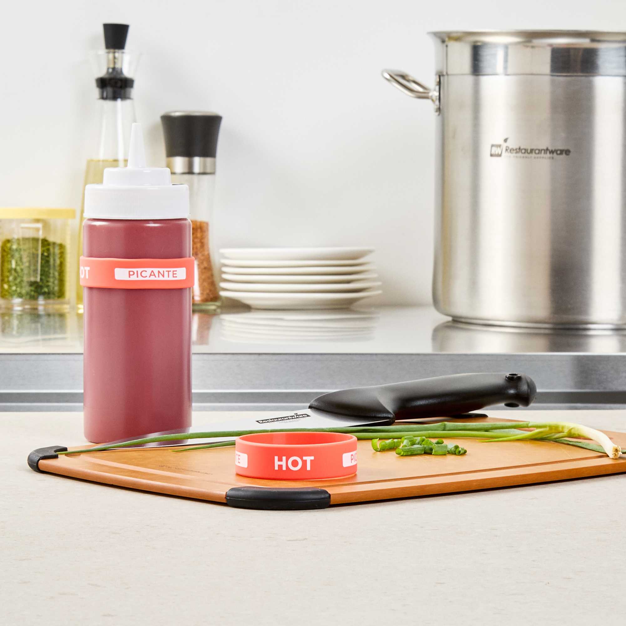 First In First Out Red Silicone Hot Label Band - Fits 16, 20 and 24 oz Squeeze Bottles - 1 count box