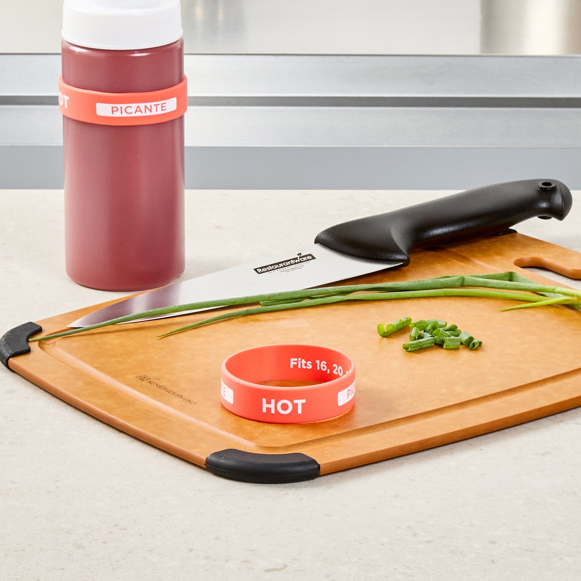 First In First Out Red Silicone Hot Label Band - Fits 16, 20 and 24 oz Squeeze Bottles - 10 count box