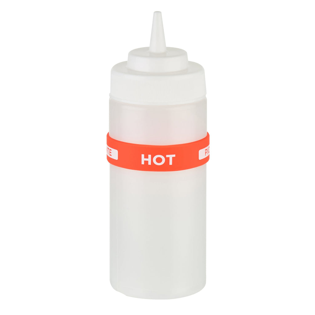 First In First Out Red Silicone Hot Label Band - Fits 16, 20 and 24 oz Squeeze Bottles - 10 count box
