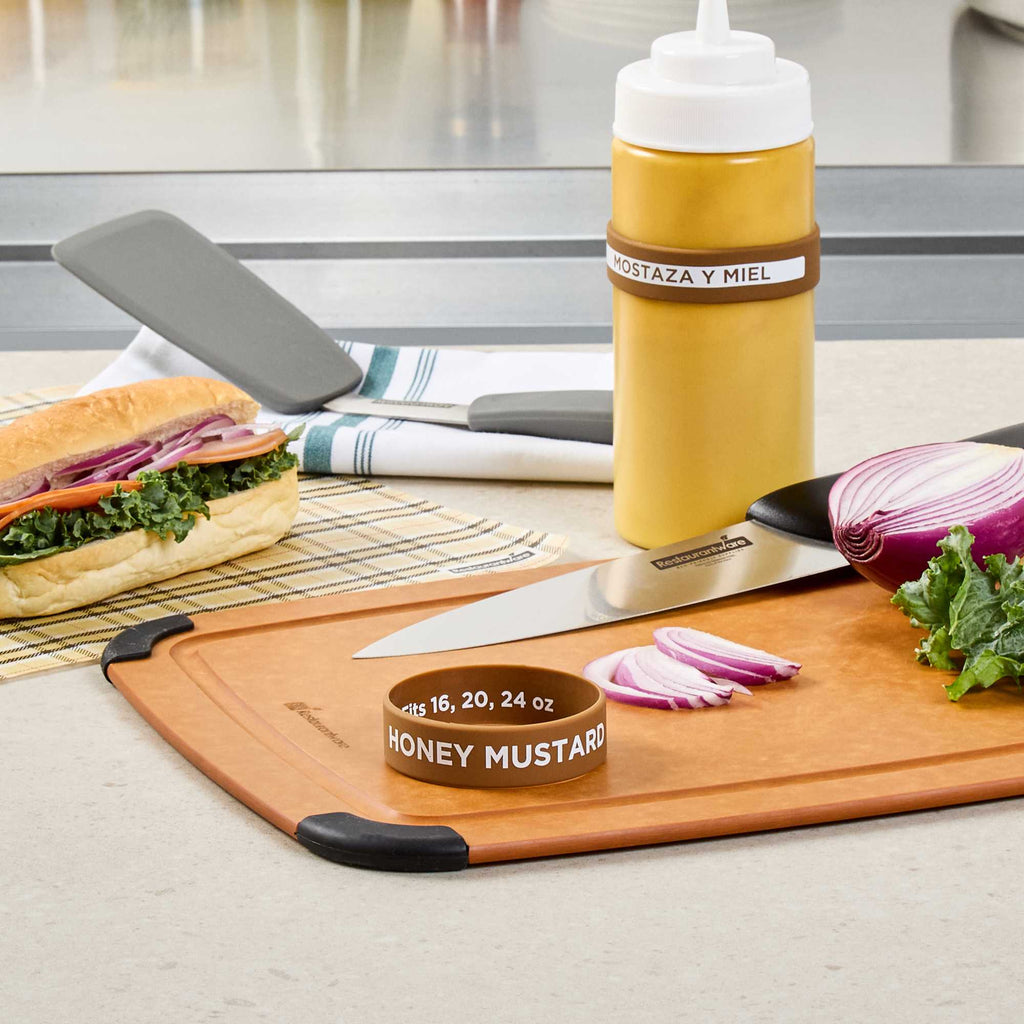 First In First Out Brown Silicone Honey Mustard Label Band - Fits 16, 20 and 24 oz Squeeze Bottles - 1 count box