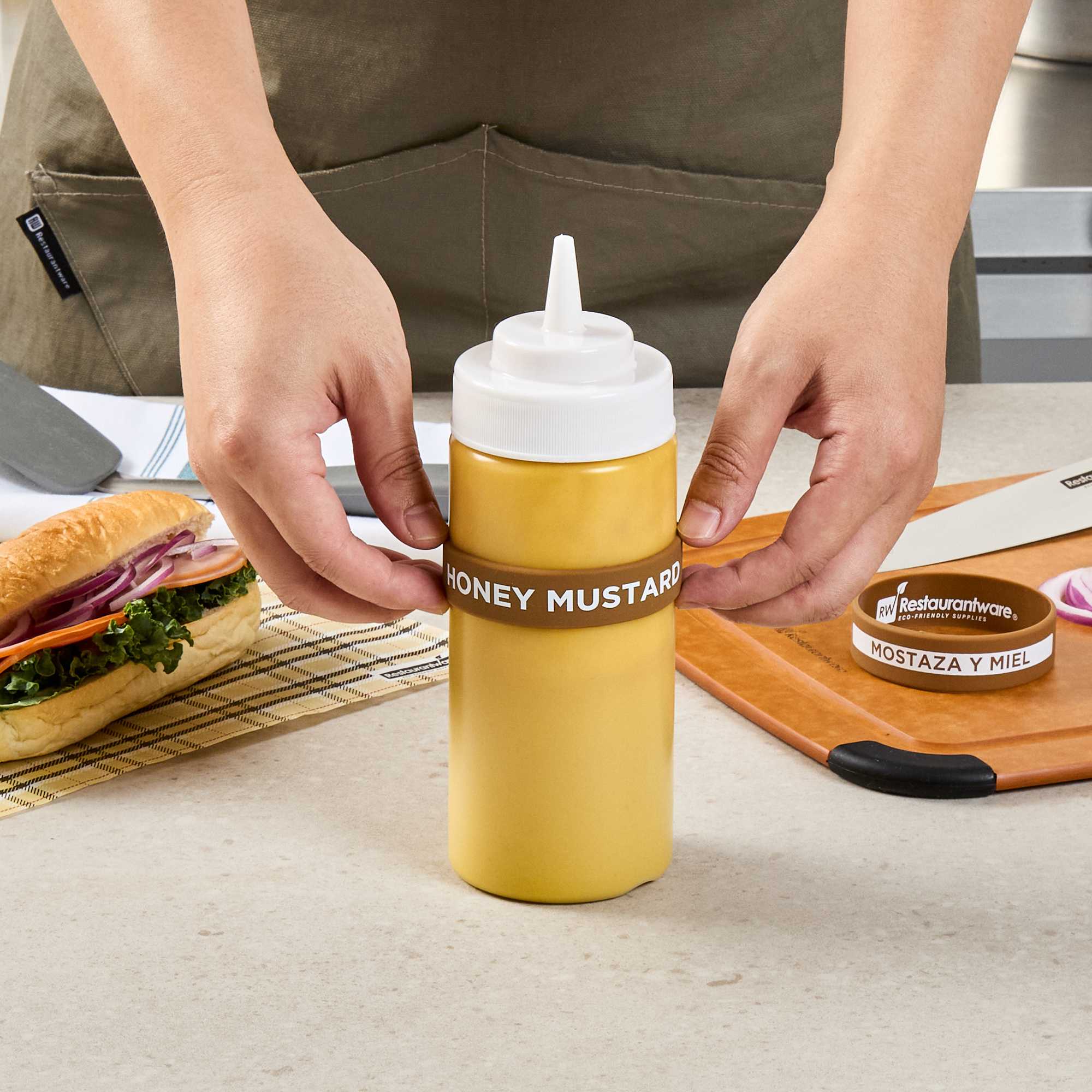 First In First Out Brown Silicone Honey Mustard Label Band - Fits 16, 20 and 24 oz Squeeze Bottles - 1 count box