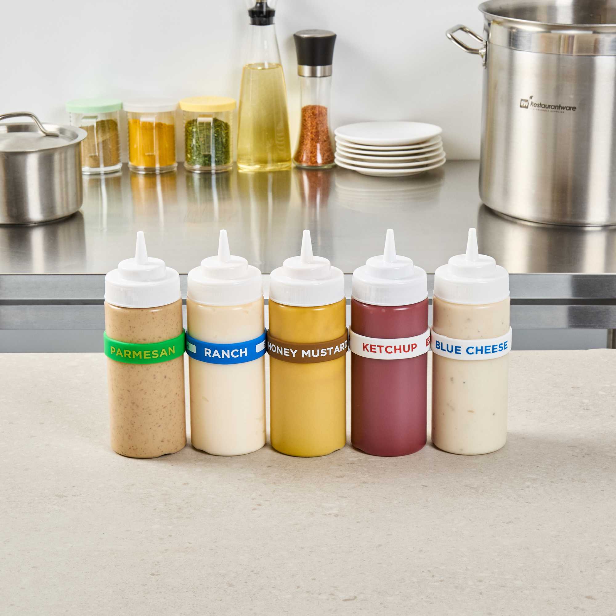 First In First Out Brown Silicone Honey Mustard Label Band - Fits 16, 20 and 24 oz Squeeze Bottles - 1 count box