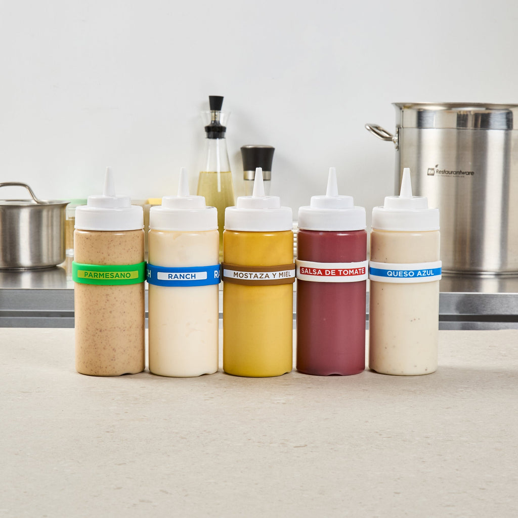 First In First Out Brown Silicone Honey Mustard Label Band - Fits 16, 20 and 24 oz Squeeze Bottles - 10 count box