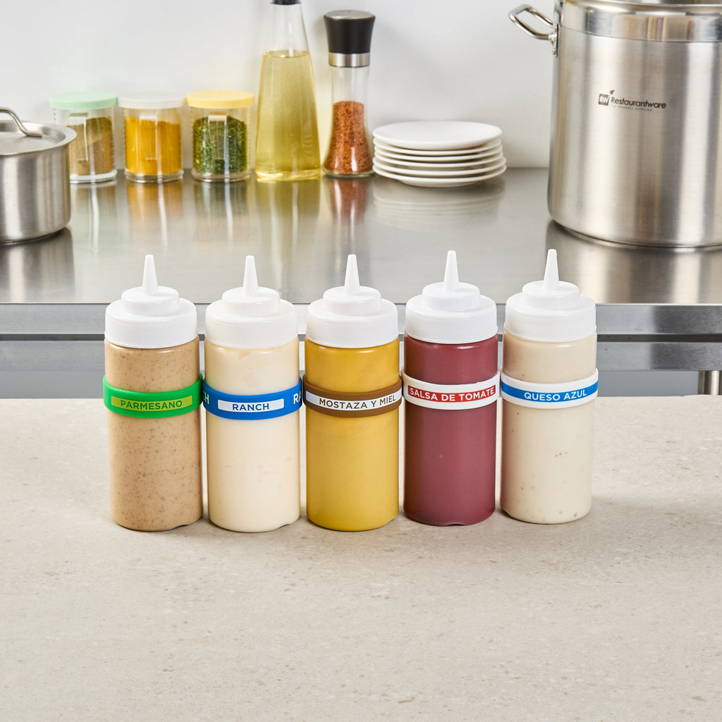 First In First Out Brown Silicone Honey Mustard Label Band - Fits 16, 20 and 24 oz Squeeze Bottles - 10 count box